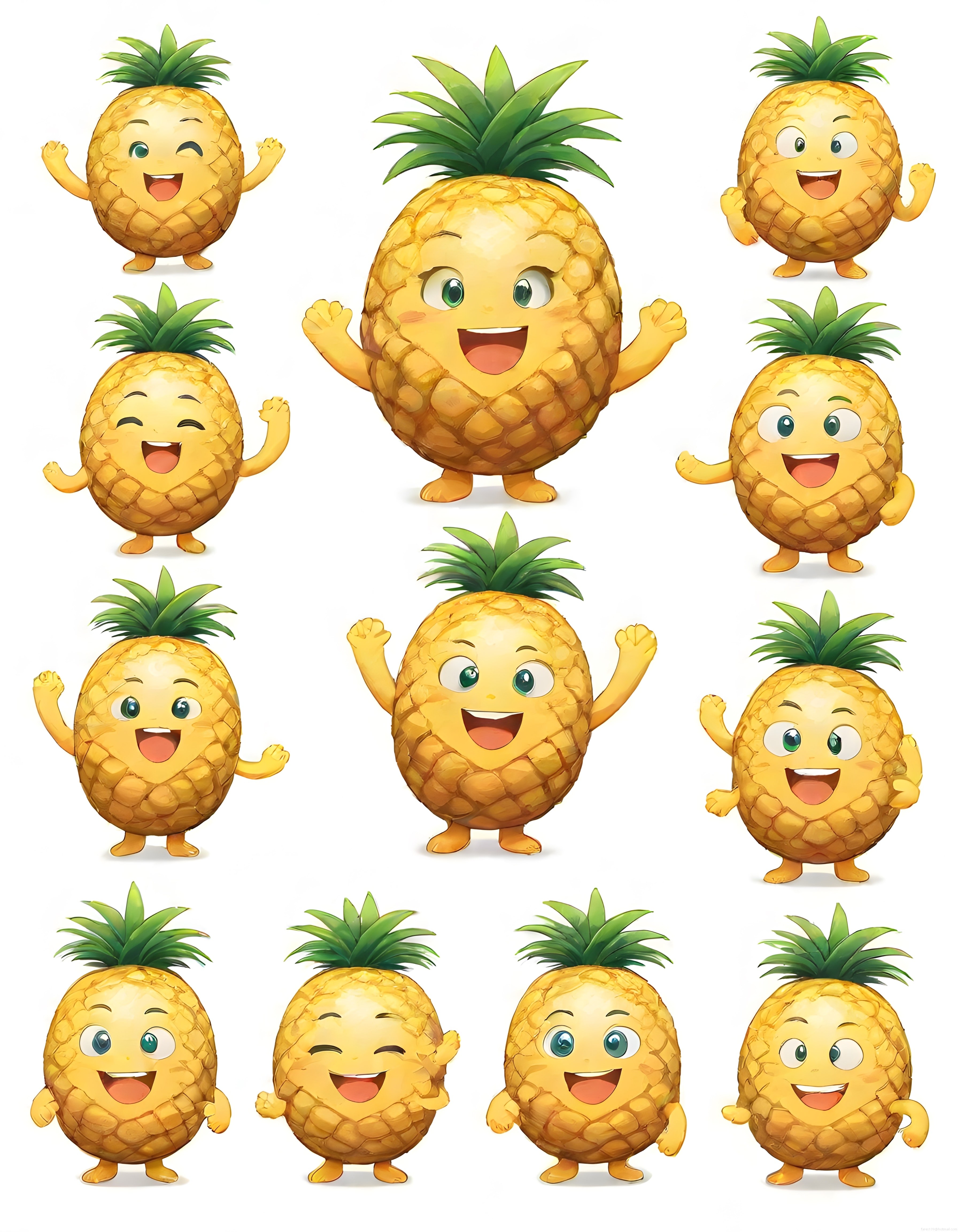 Sevimli Ananas Maskotu: Farklı Pozlarda Mutlu Meyve Karakter Çizimleri