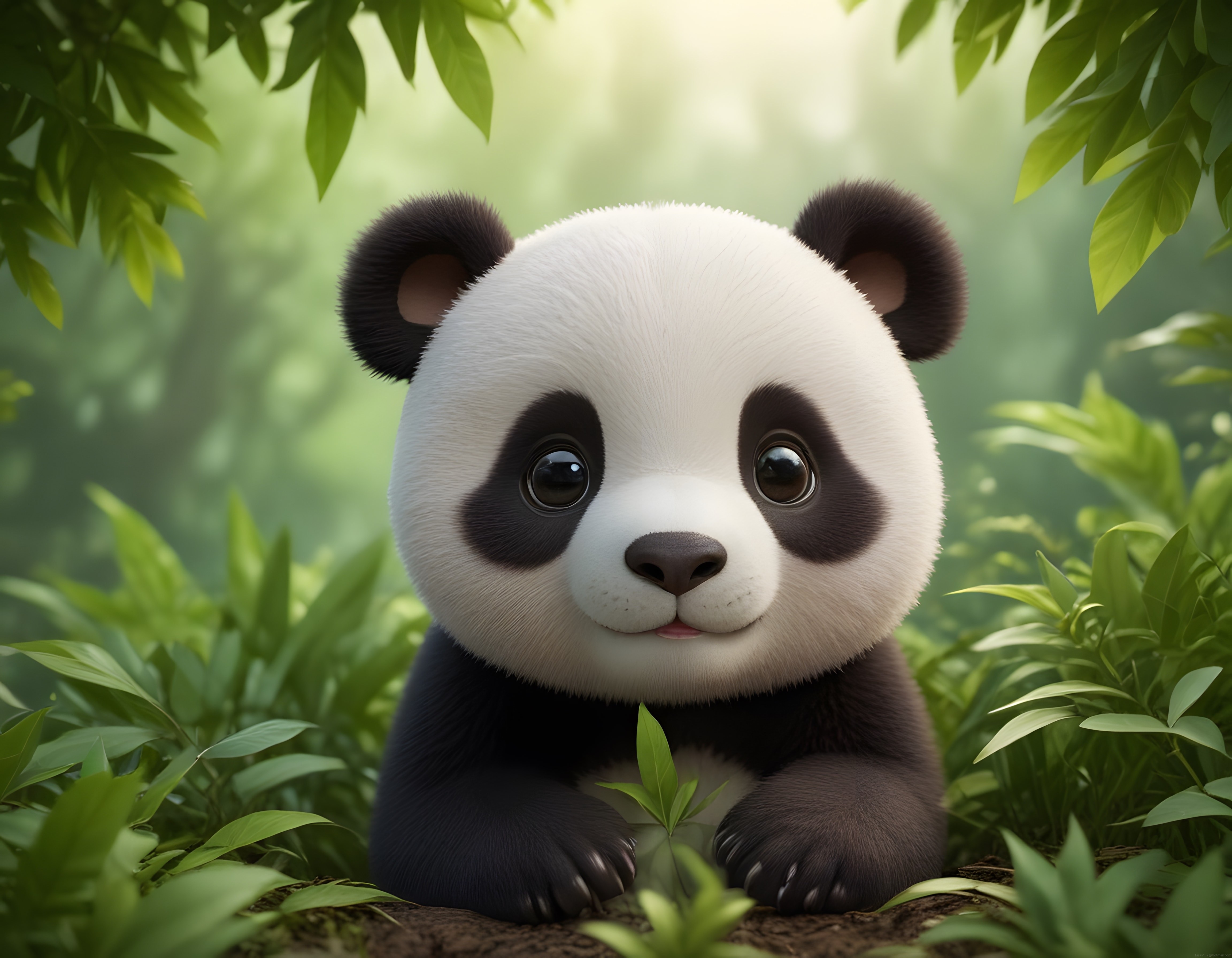 Sevimli Animasyon Panda Yavrusu Yeşil Ormanda Masalsı Bir Atmosferde Oturuyor