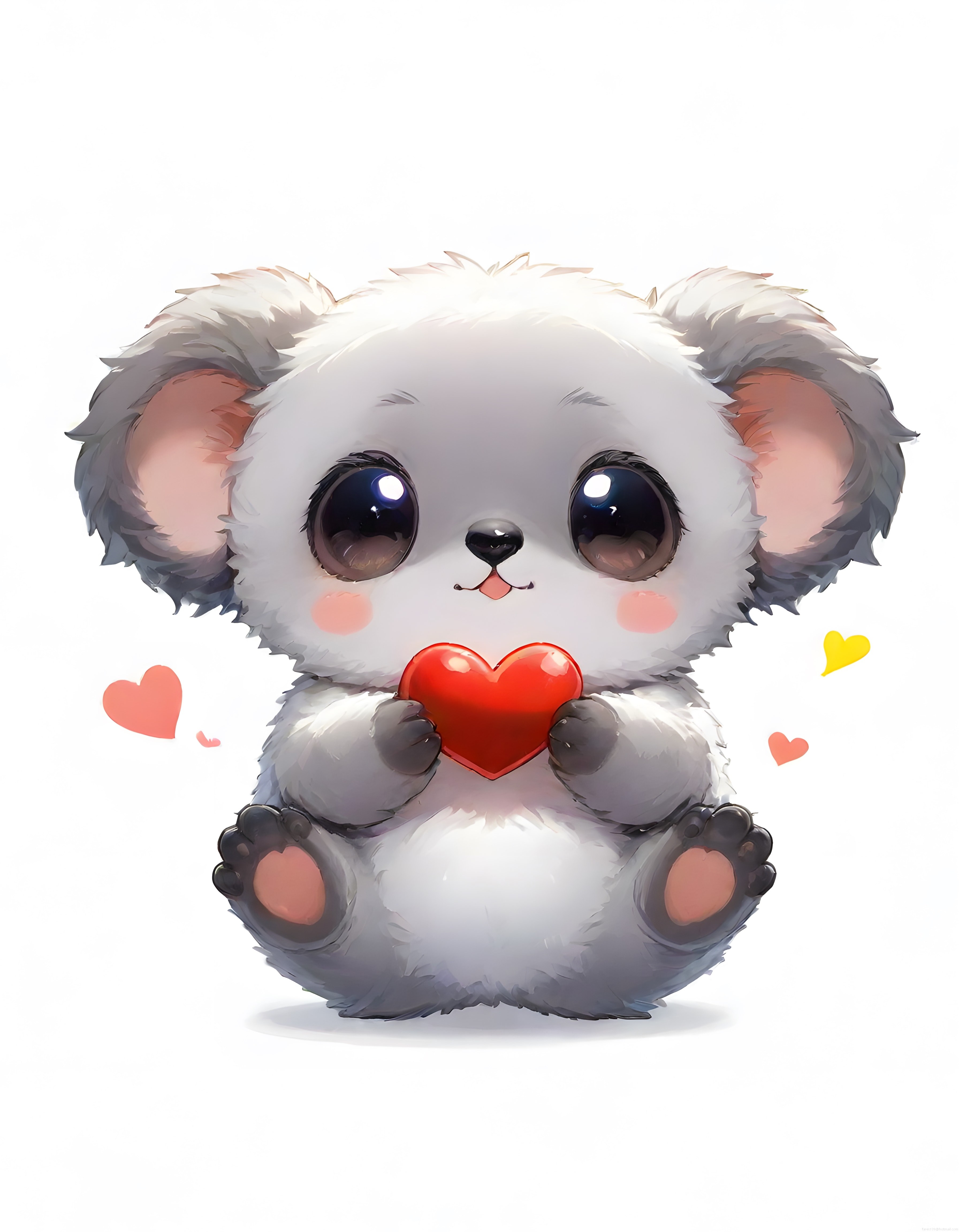 Sevimli anime bebek panda kırmızı kalp tutuyor, dijital illüstrasyon