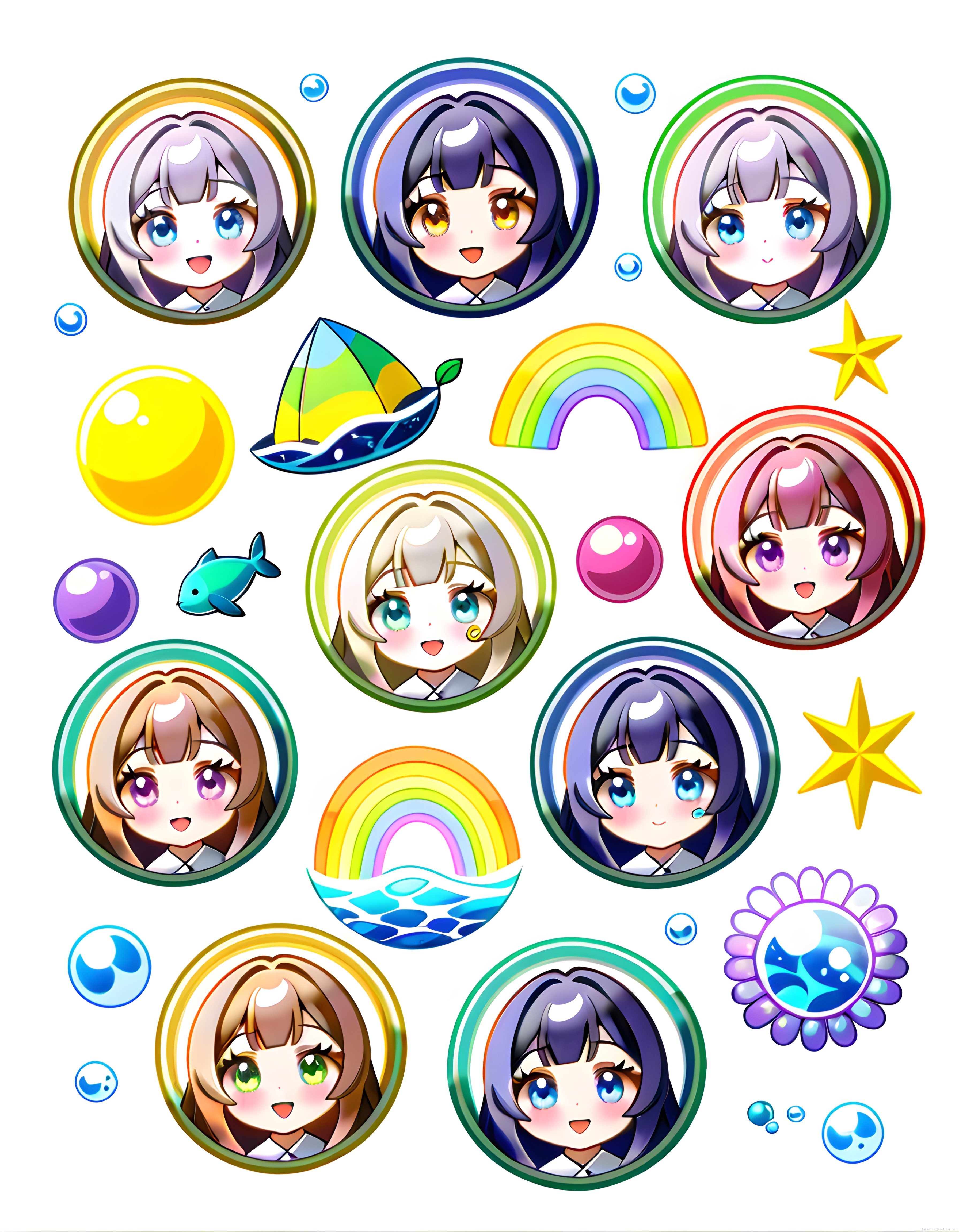 sevimli anime chibi avatarları ve çizgi film sticker dijital illüstrasyon