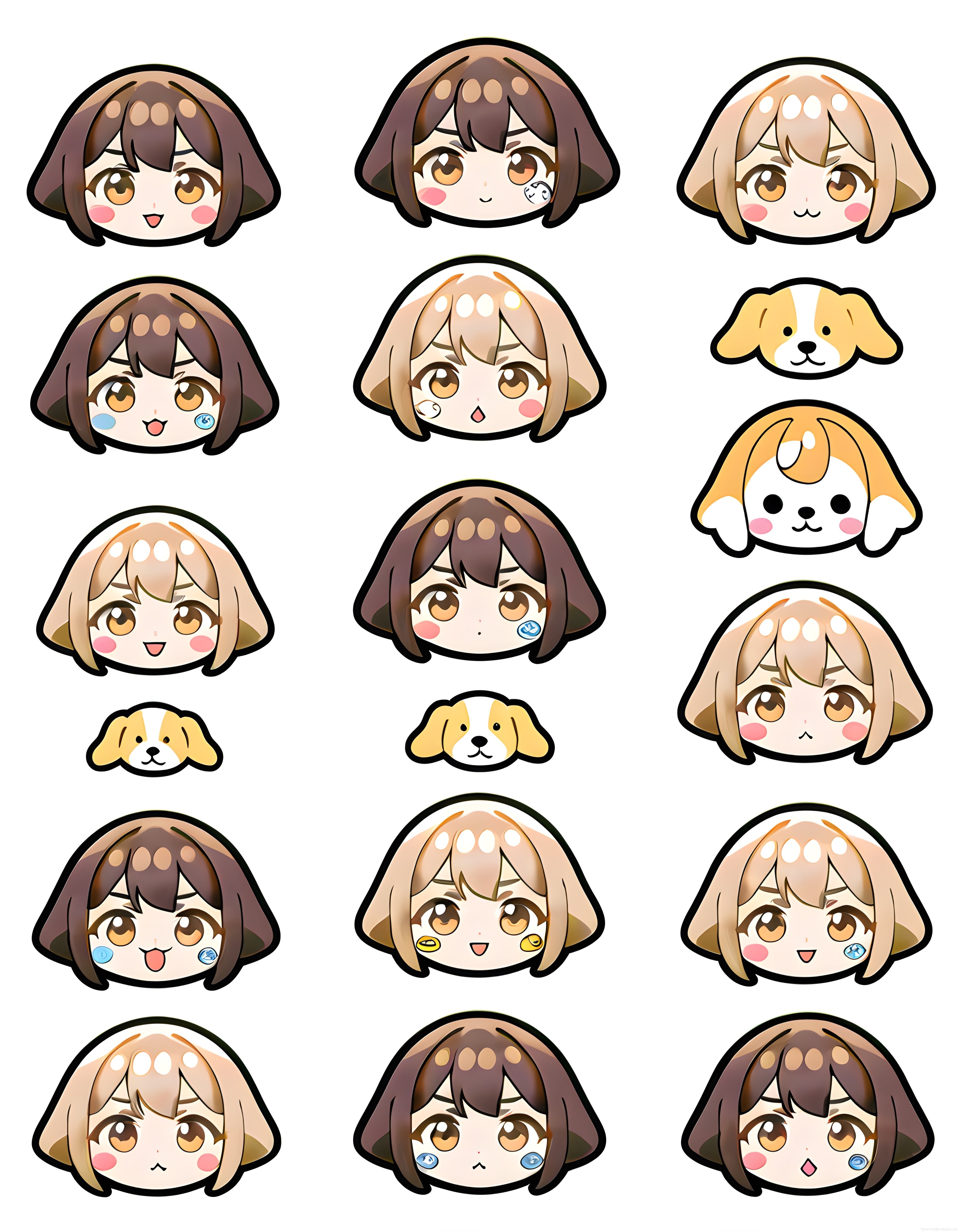 Sevimli Anime Chibi Karakter ve Köpek Çıkartma Seti Dijital İllüstrasyon