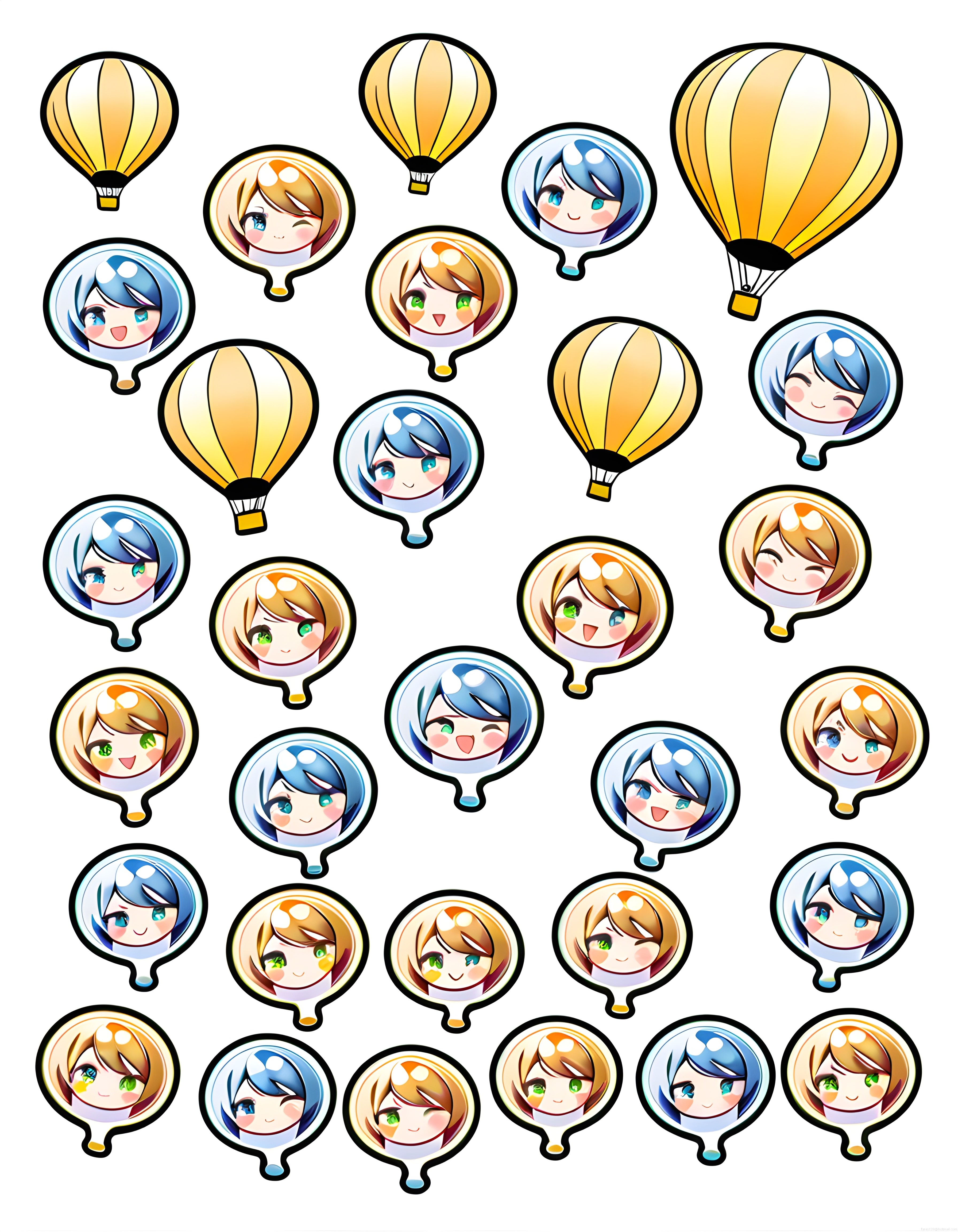 Sevimli anime chibi karakter ve sarı balonlarla renkli kawaii desen