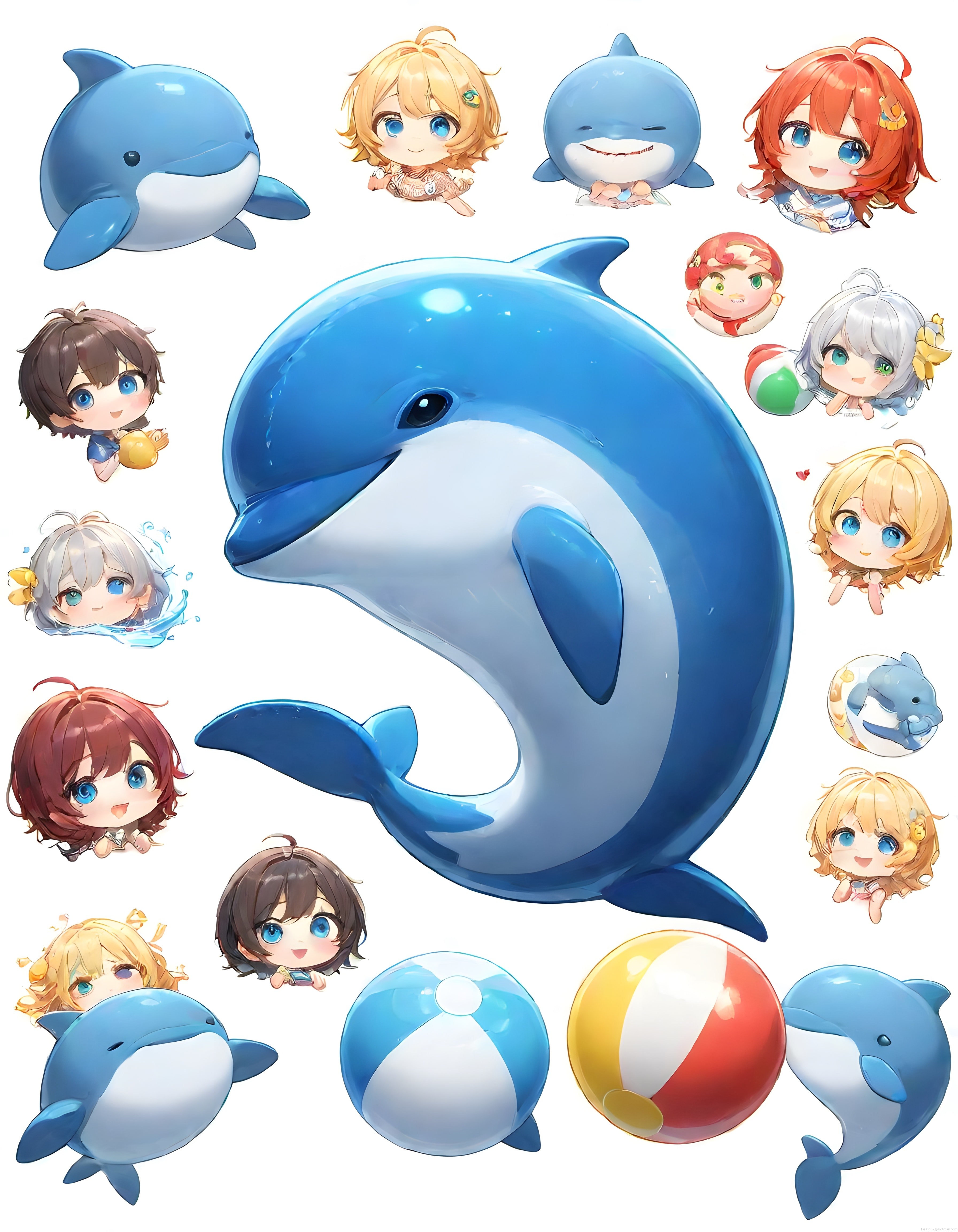 Sevimli Anime Chibi Karakterler ve Delfinlerle Dolu Yaz Temalı Renkli Koleksiyon