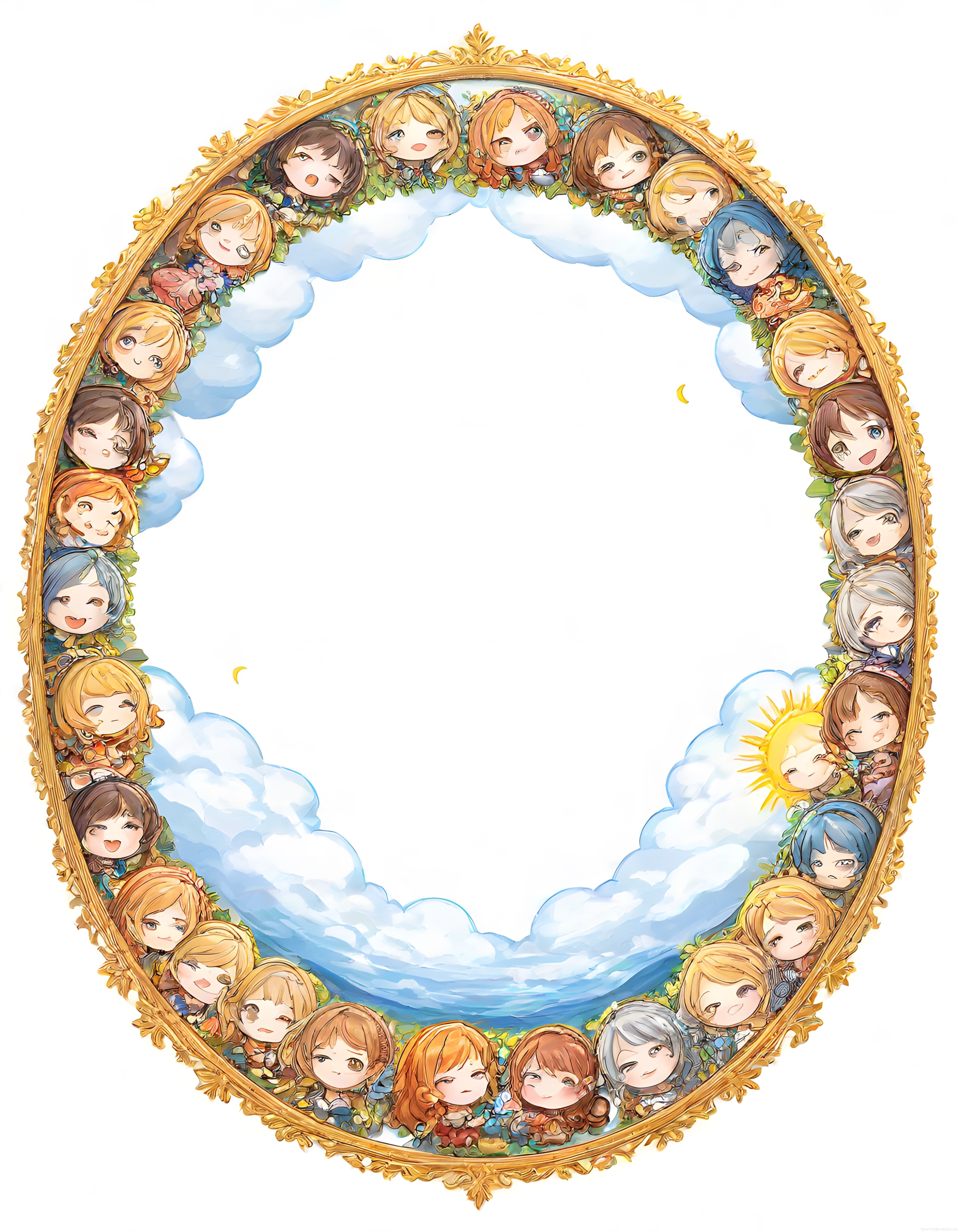 Sevimli Anime Chibi Karakterlerle Süslü Altın Çerçeve ve Bulutlu Gökyüzü Tasarımı