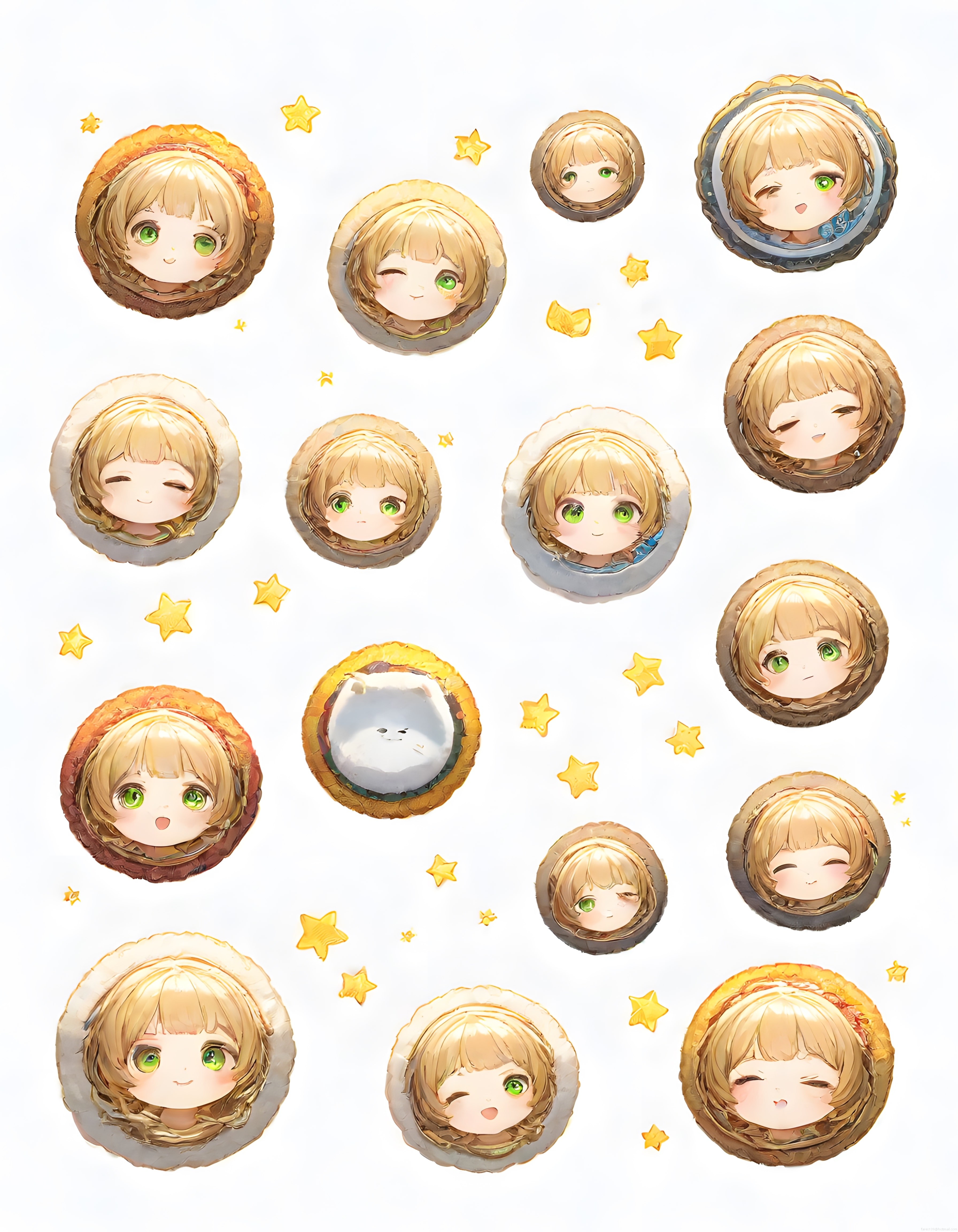 Sevimli anime chibi kız yuvarlak çıkartma koleksiyonu sarı saç yeşil göz