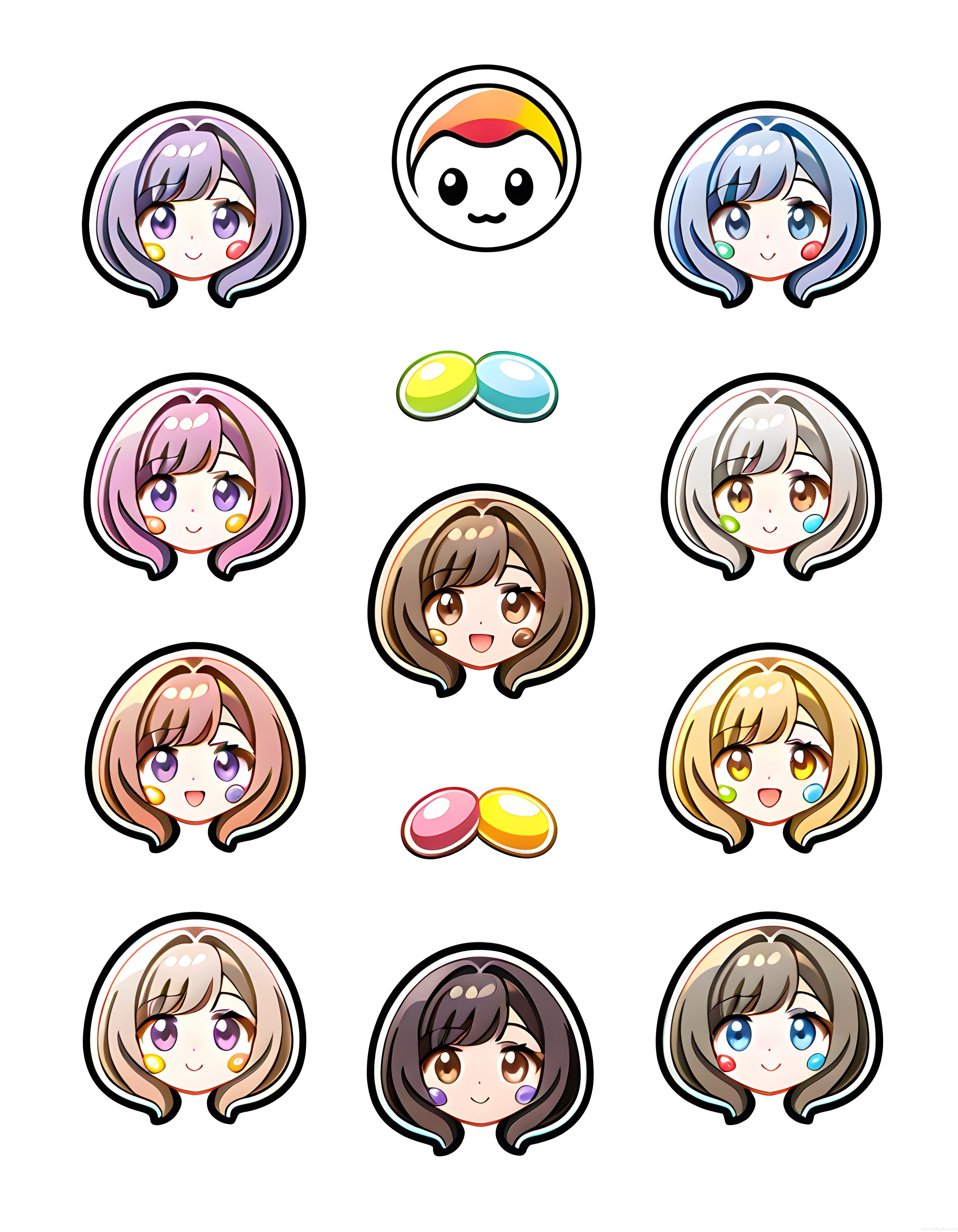 Sevimli anime chibi kız yüzleri ve renkli saçlı karakter sticker koleksiyonu