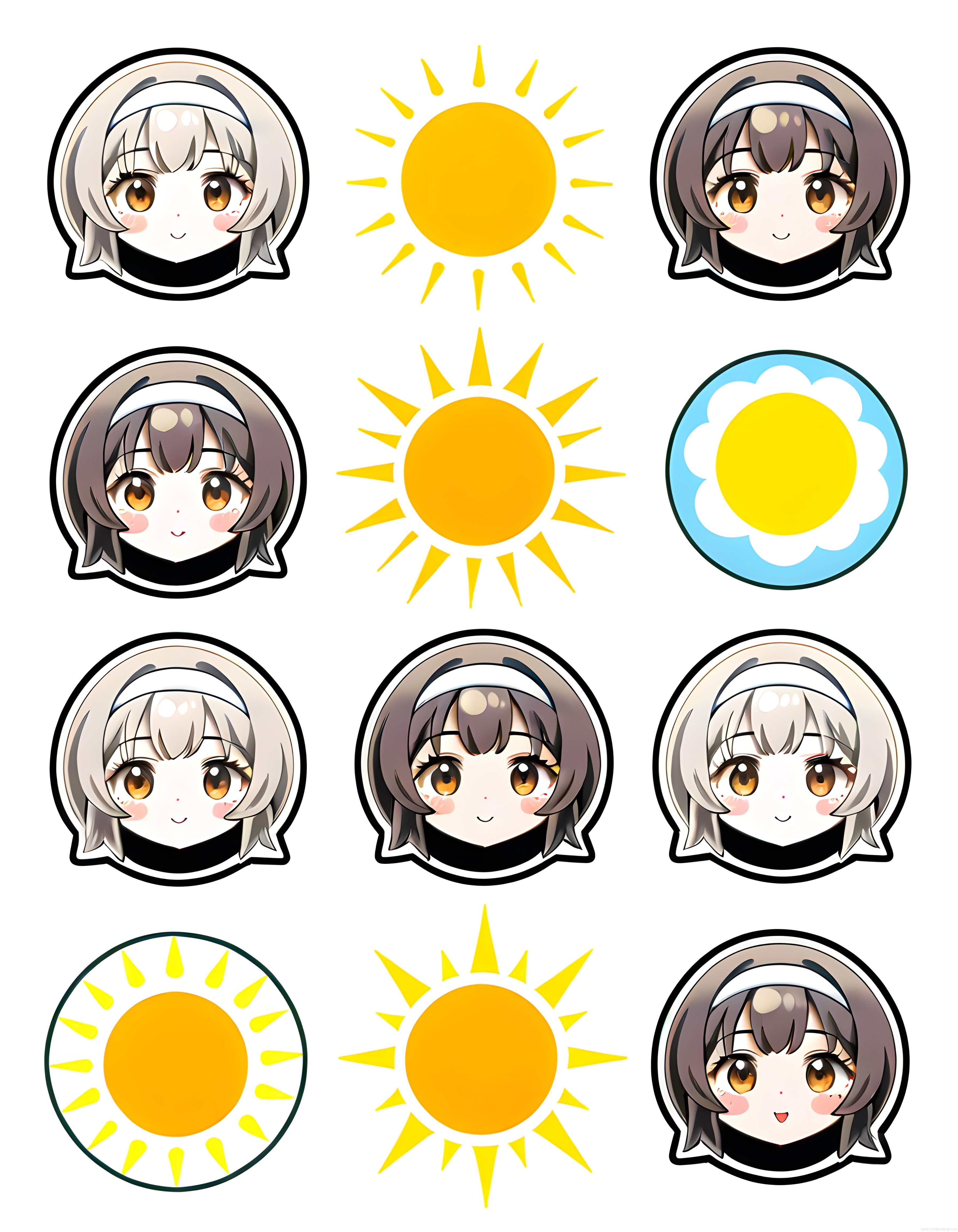 Sevimli Anime Chibi Yüzler ve Güneş İkonları Dijital Çıkartma Koleksiyonu