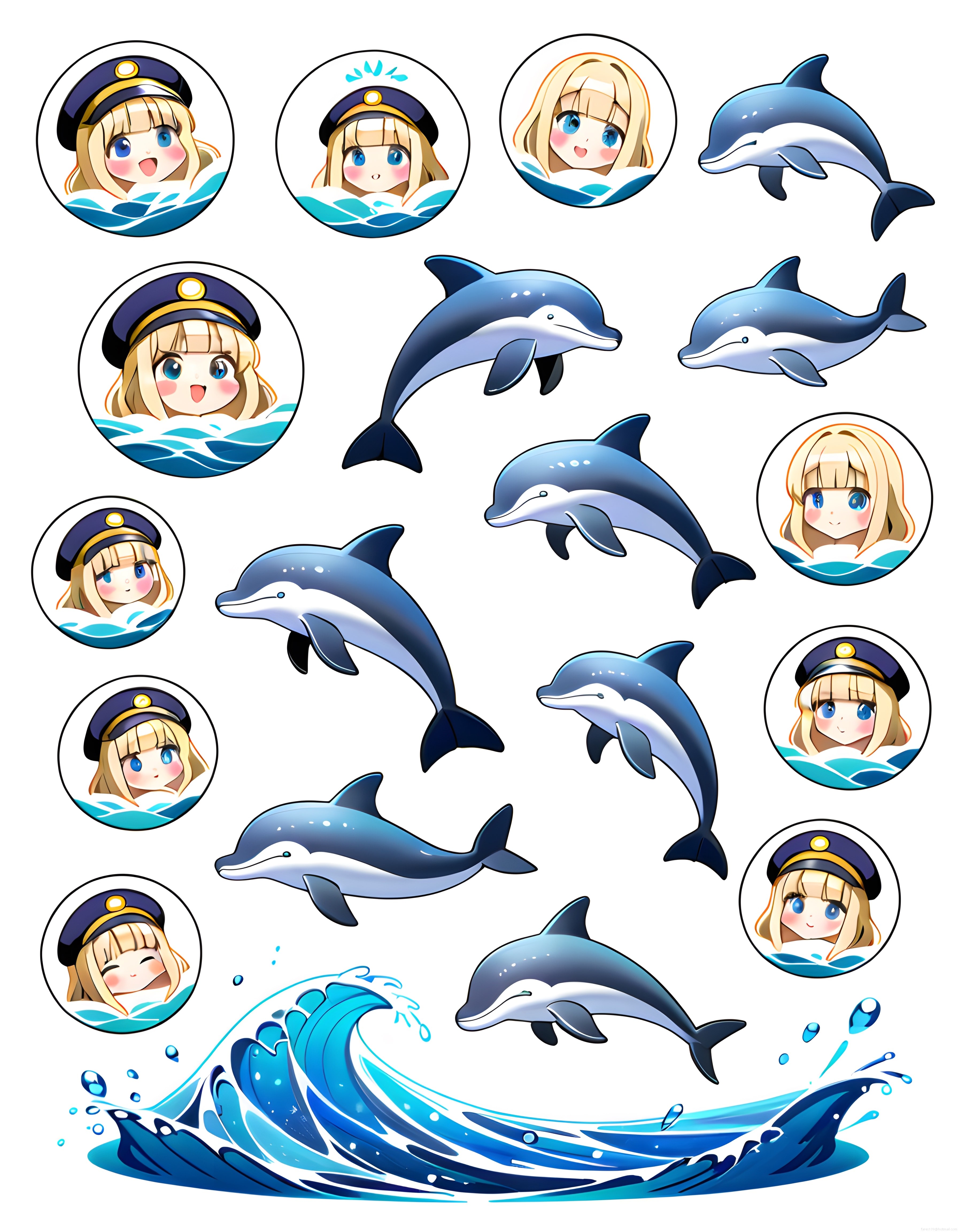 Sevimli anime denizci kız ve mavi yunuslar dijital sticker seti