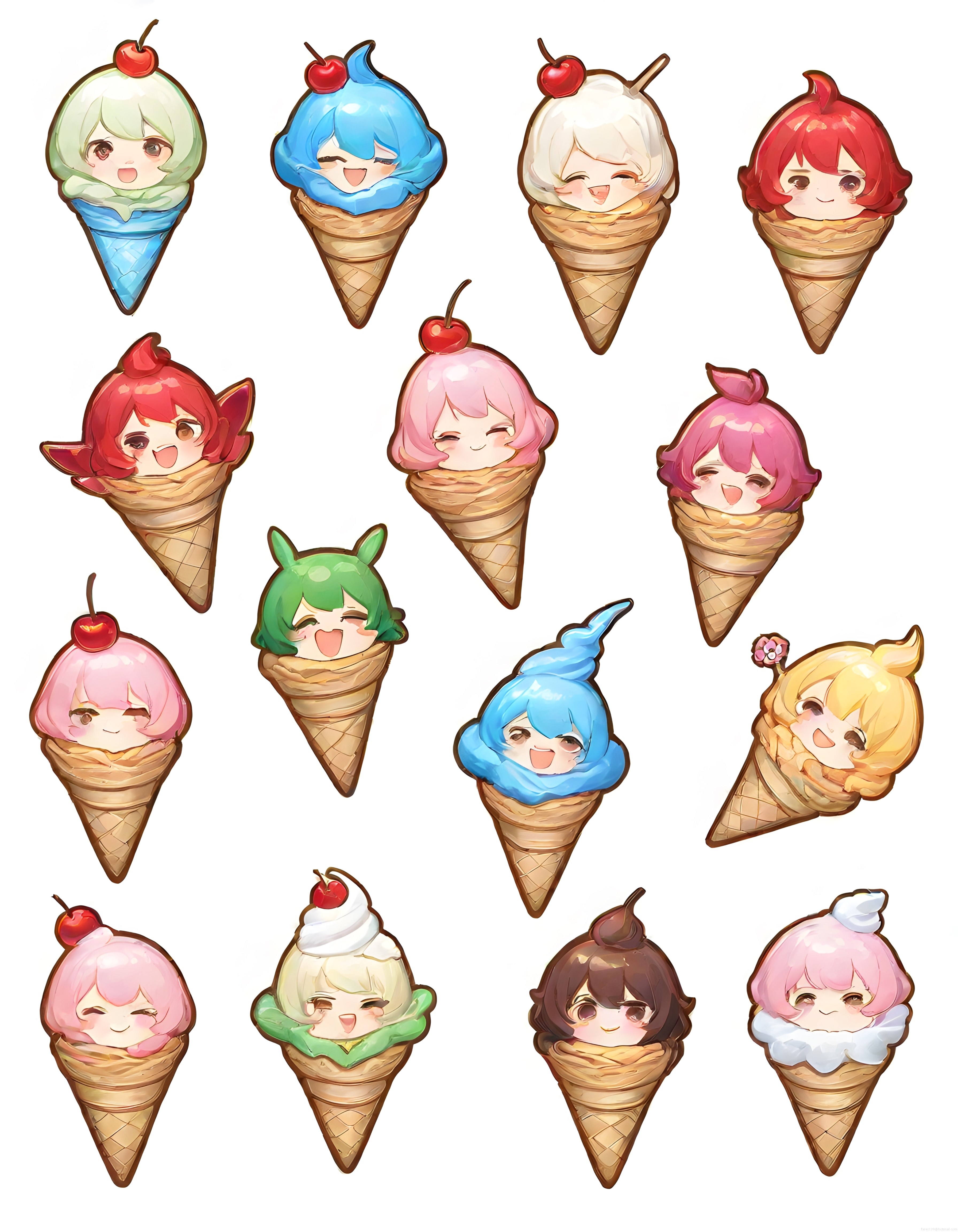 Sevimli Anime Dondurma Külahı Karakterleri Pastel Renklerde Chibi Kız Figürleri