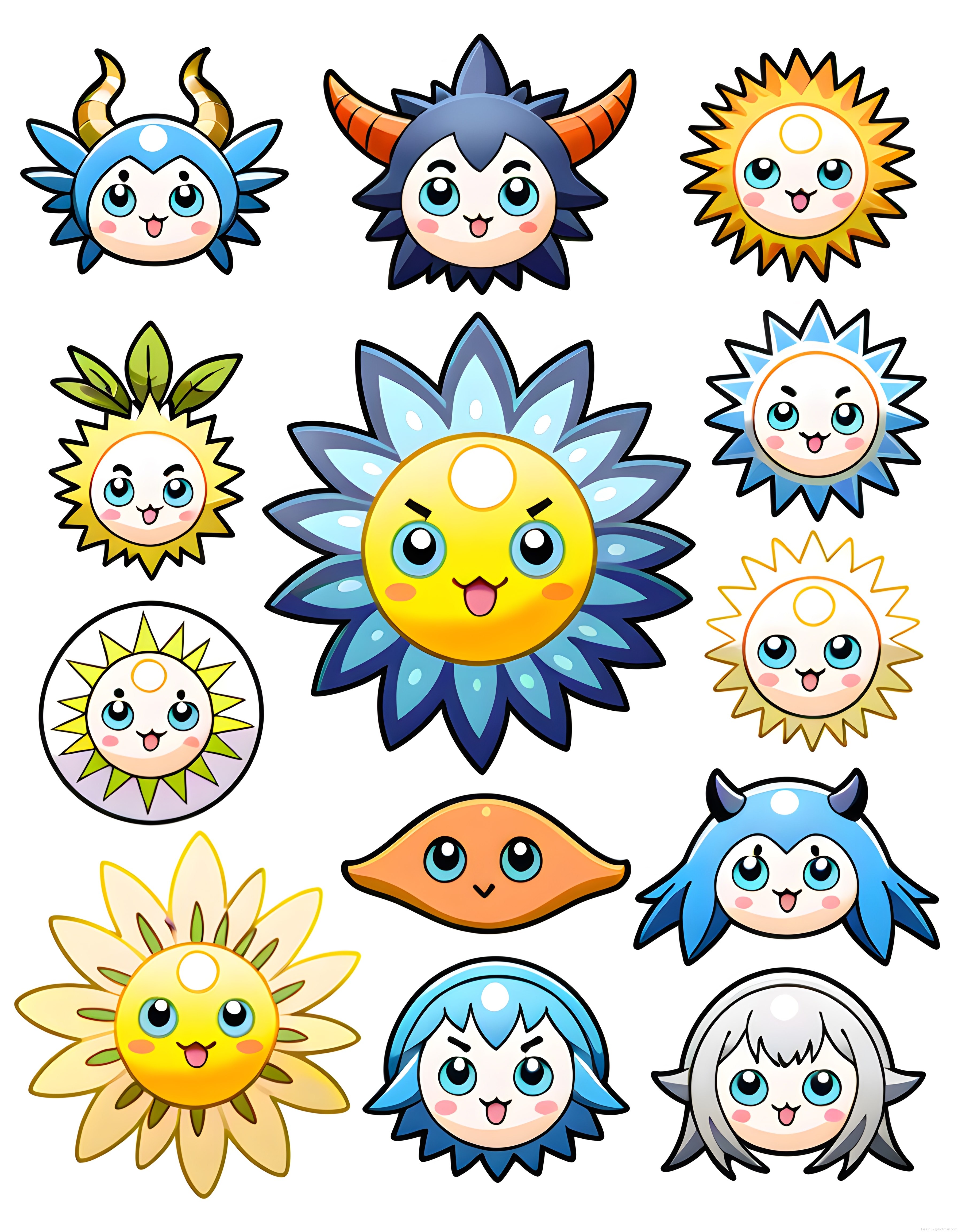 Sevimli Anime Güneş Ay ve Çiçek Maskotları Kawaii Dijital Sticker Seti