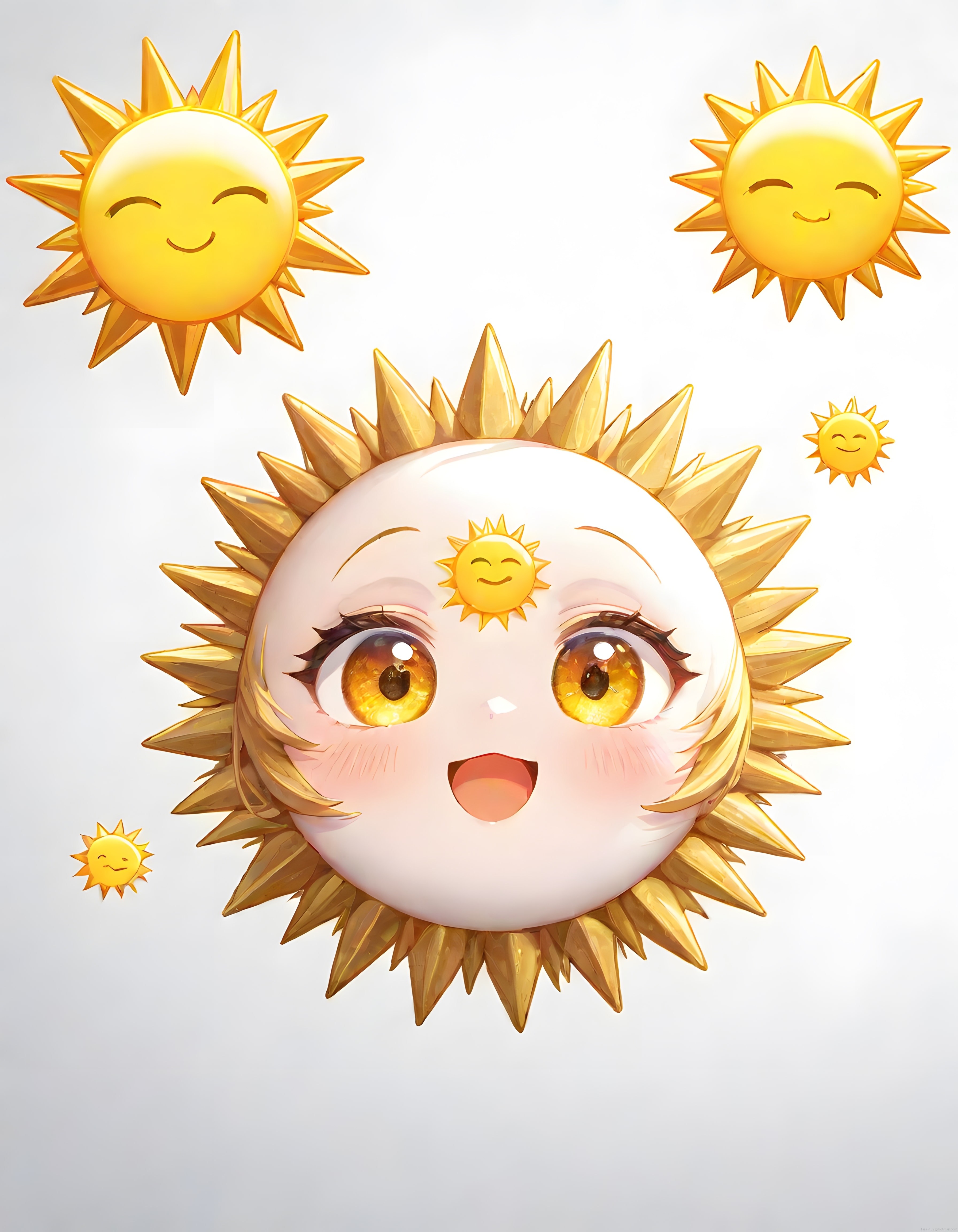 Sevimli Anime Güneş Karakteri ve Parlak Altın Tonlarında Dijital Sanat Çizimi