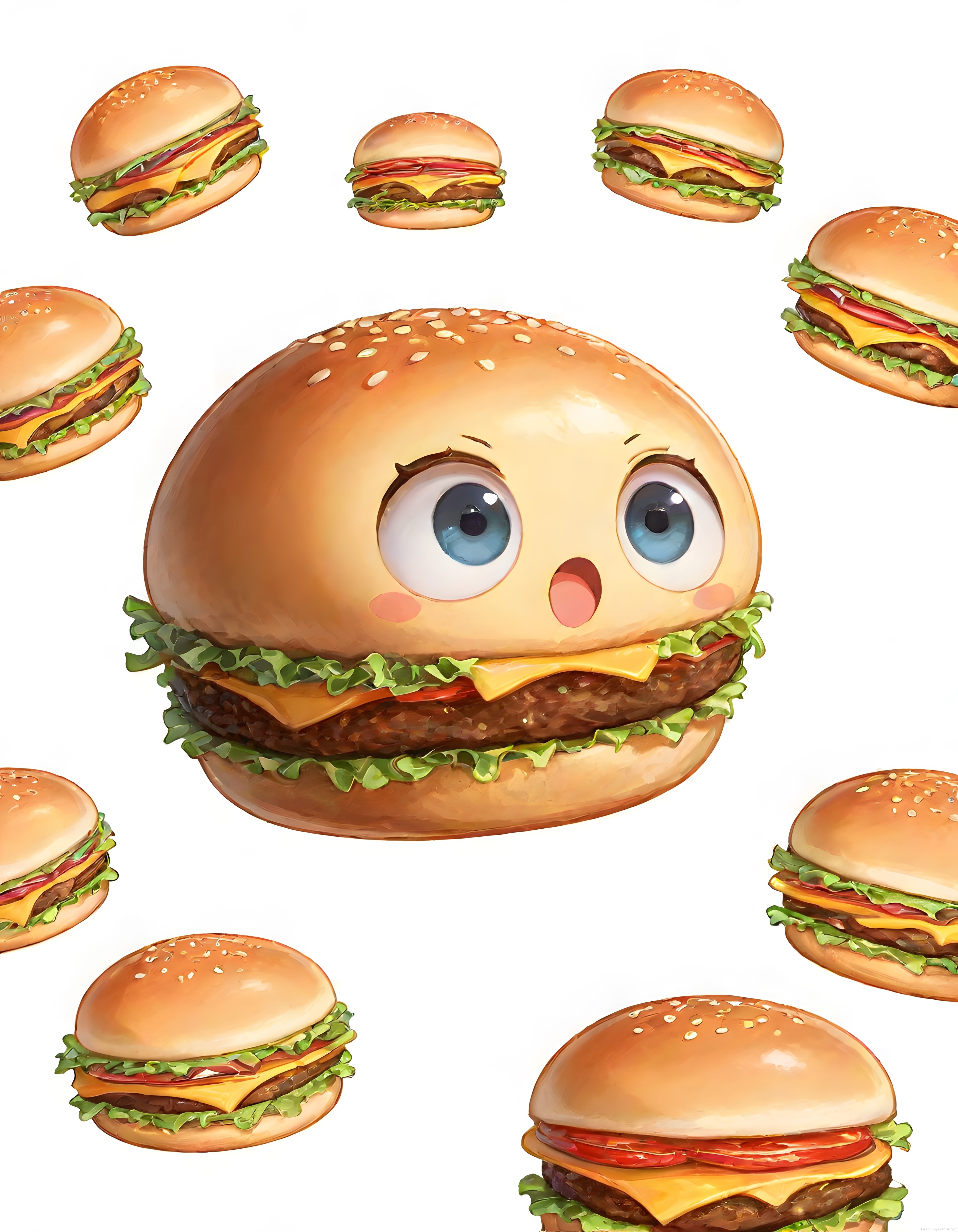 Sevimli Anime Hamburger Karakteri ve Etrafındaki Lezzetli Burger Çizimleri