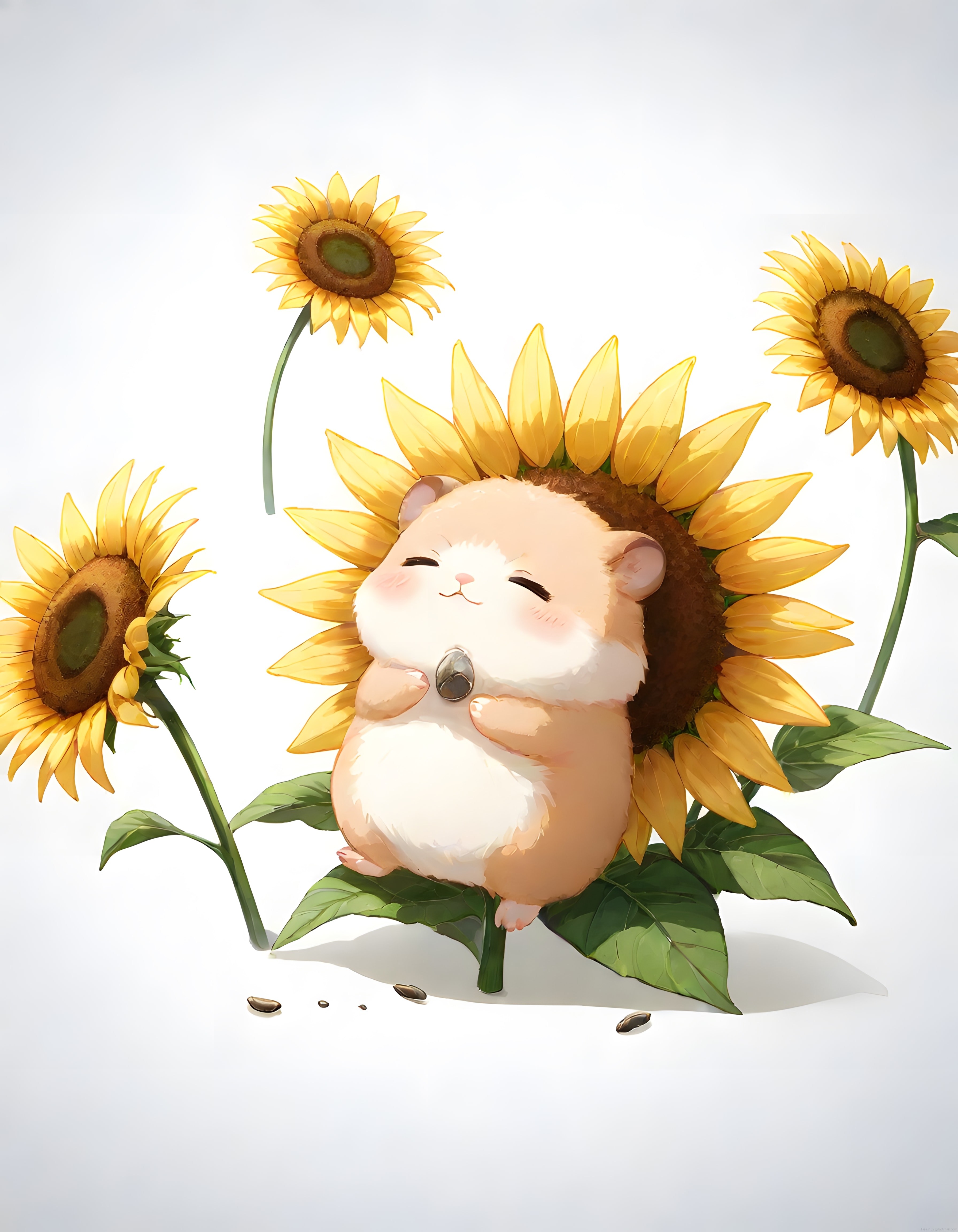 Sevimli Anime Hamster Dev Ayçiçeğinde Tohum Yiyor Dijital Sanat Tasarımı