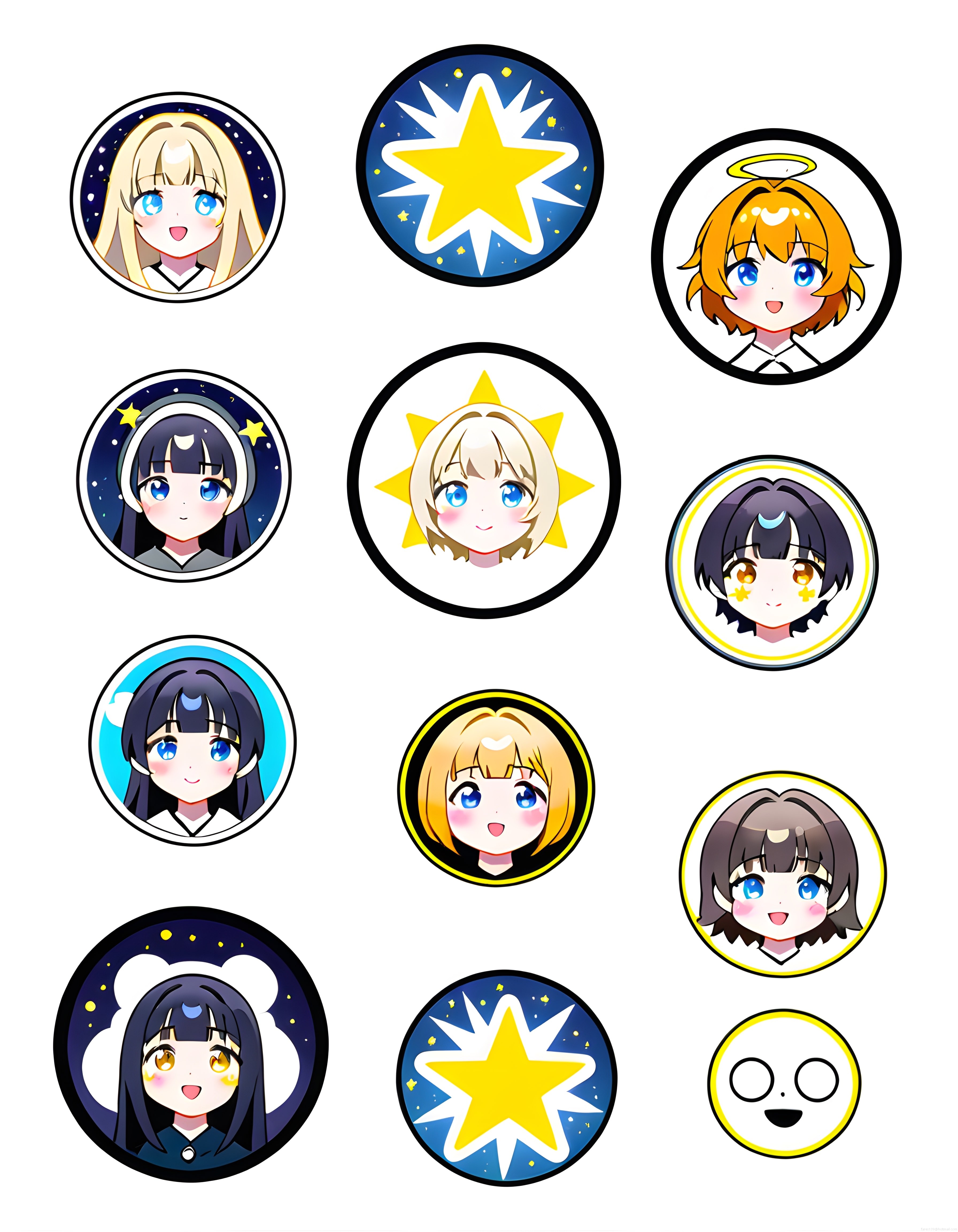 Sevimli anime karakter rozetleri ve parlak yıldızlarla cartoon sticker seti