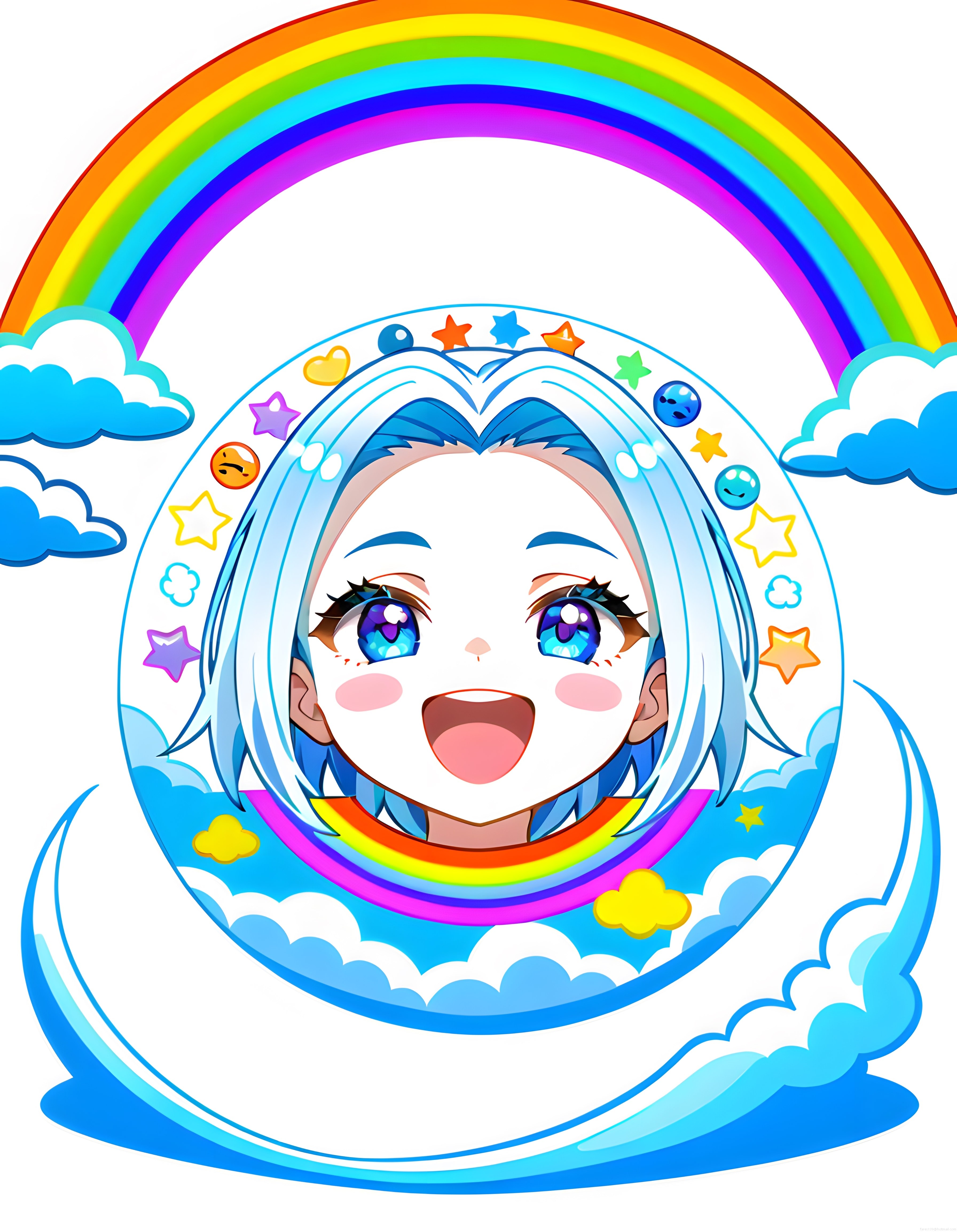 Sevimli Anime Karakter ve Gökkuşağı Arka Planlı Dijital Çizim Sanatı