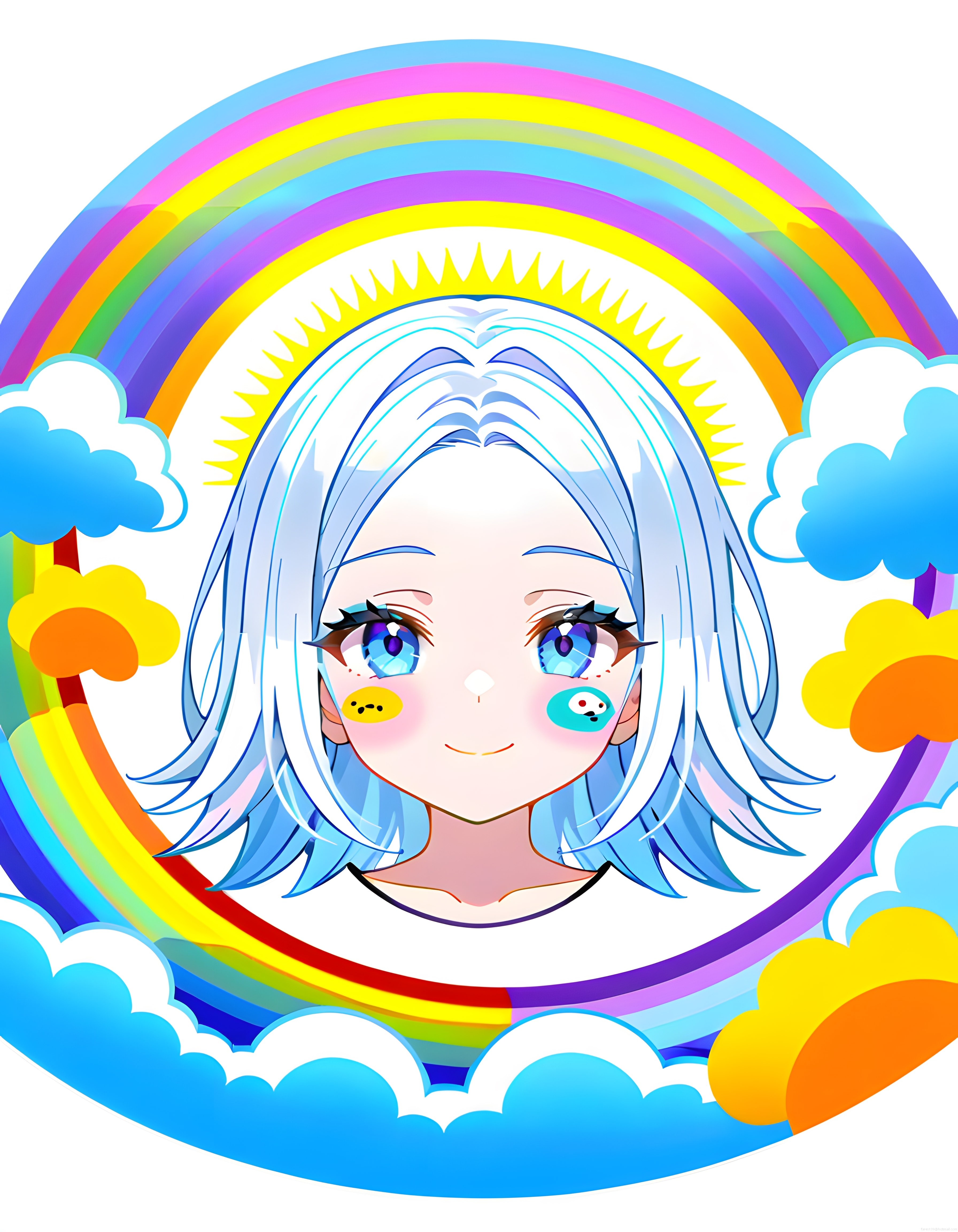 Sevimli Anime Karakter ve Gökkuşağı Temalı Renkli Dijital Sanat İllüstrasyonu
