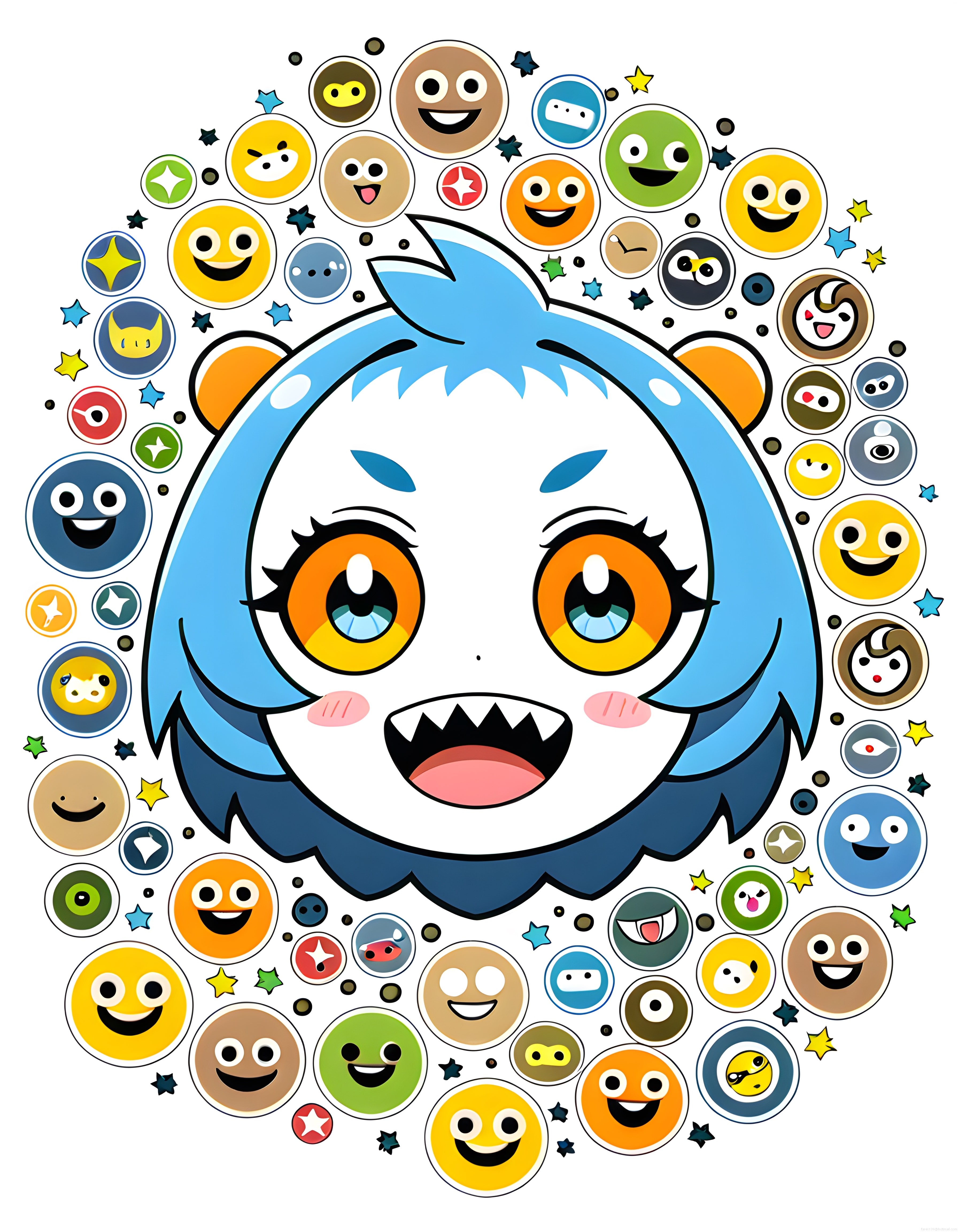Sevimli Anime Karakter ve Renkli Emoji Desenli Dijital İllüstrasyon