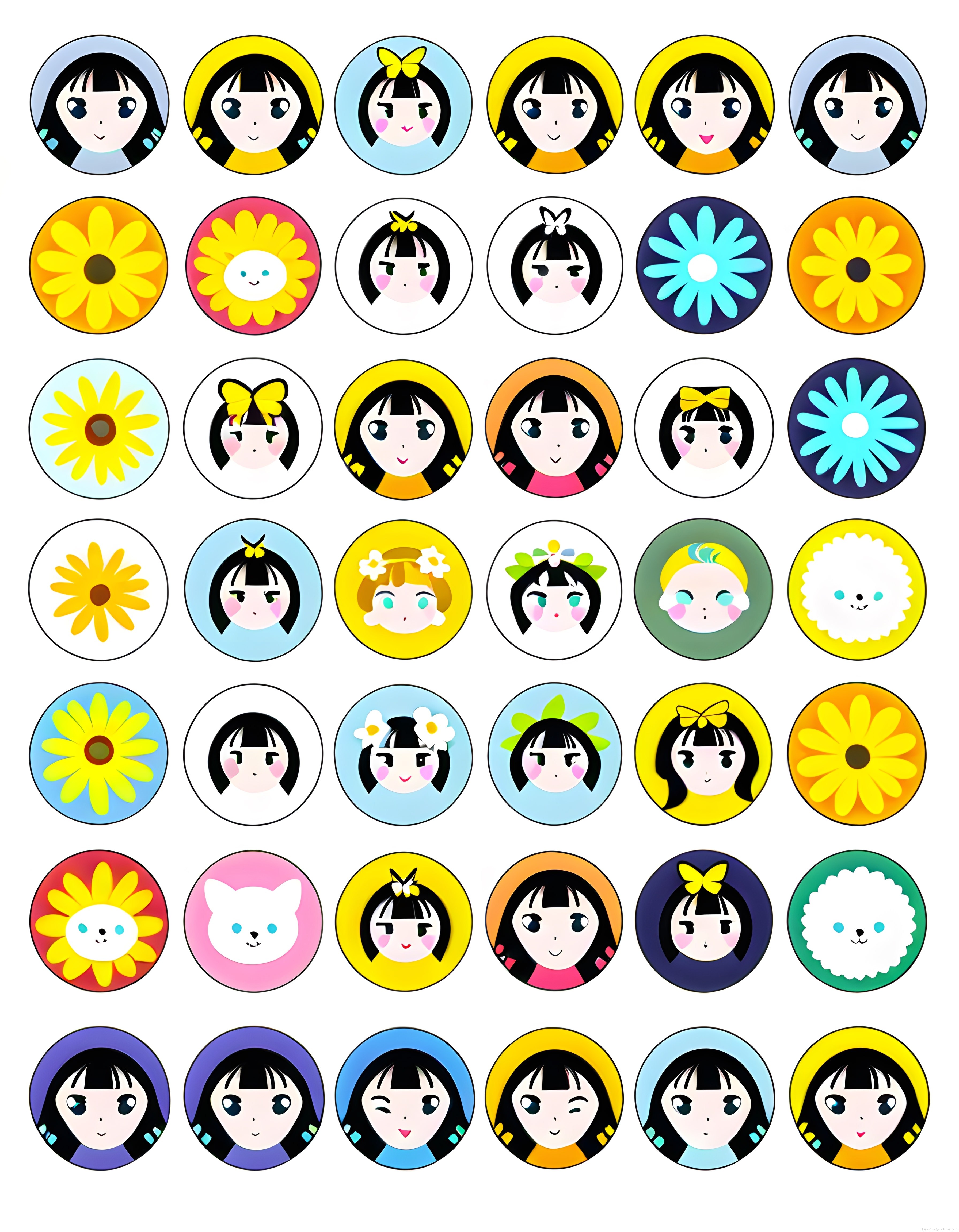 Sevimli Anime Karakterleri ve Çiçekli Rozetler: Renkli Dijital Sticker Seti