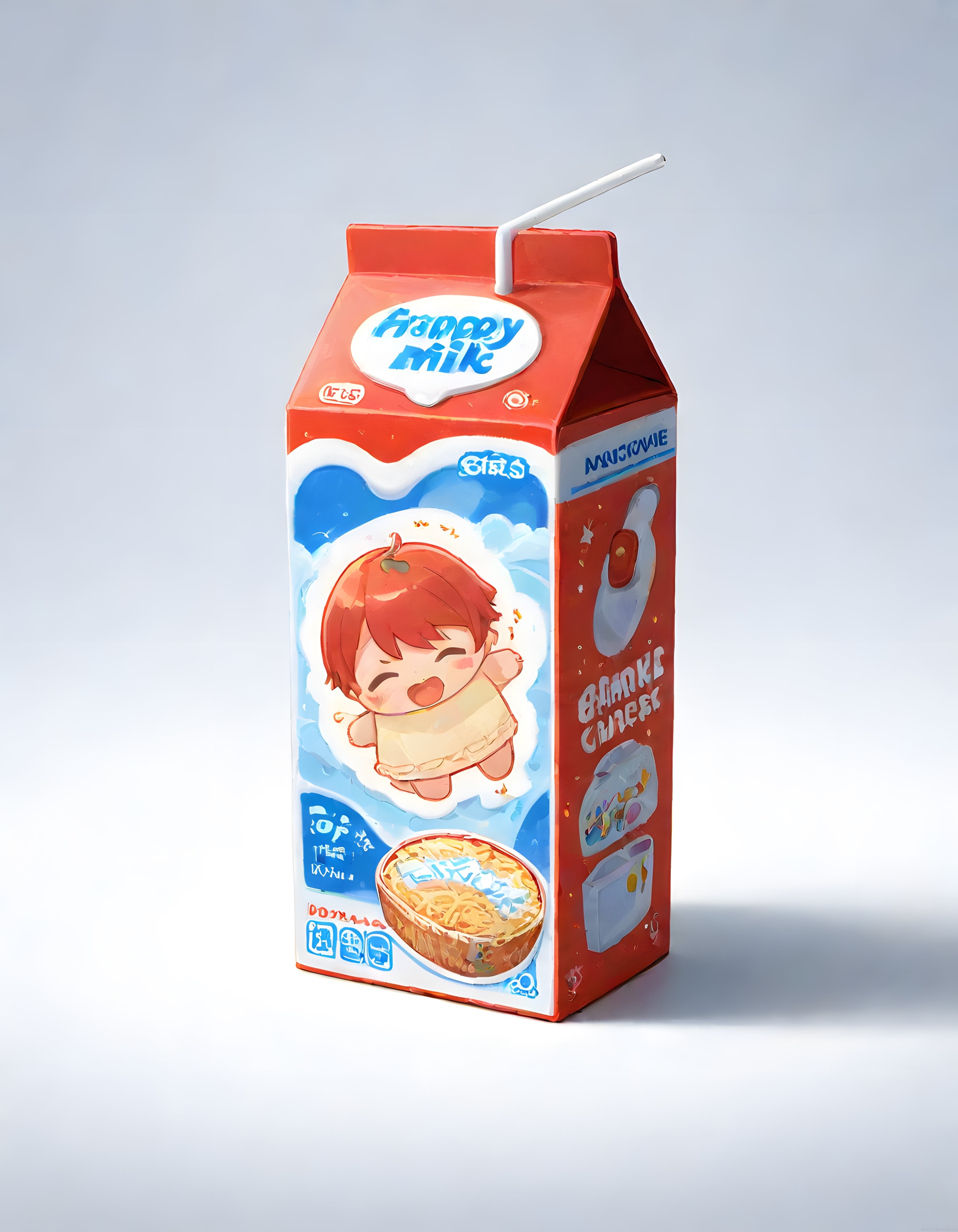 Sevimli anime karakterli Happy Milk konsept süt kutusu dijital illüstrasyon
