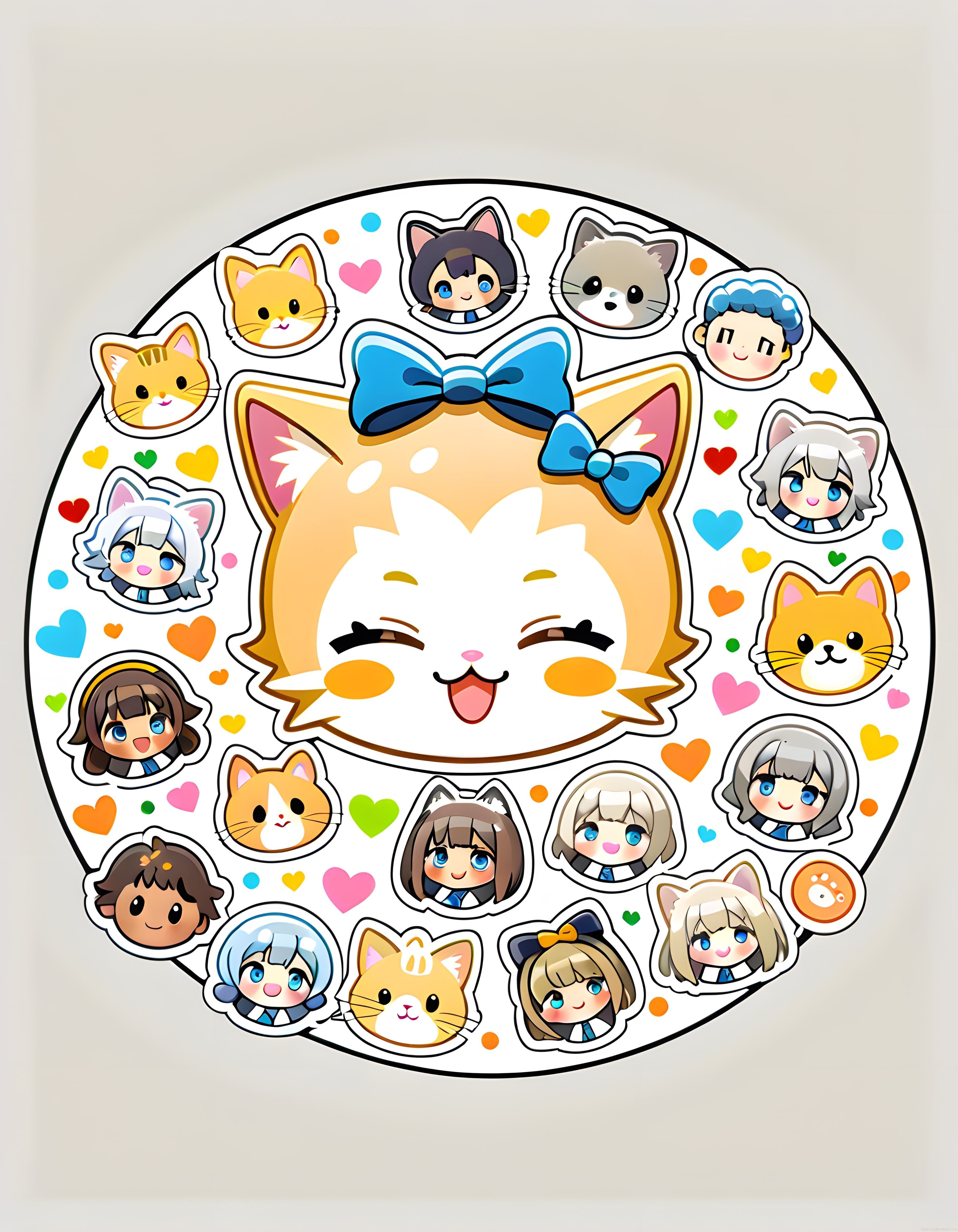 Sevimli anime kedi ve chibi karakterlerden oluşan renkli sticker koleksiyonu