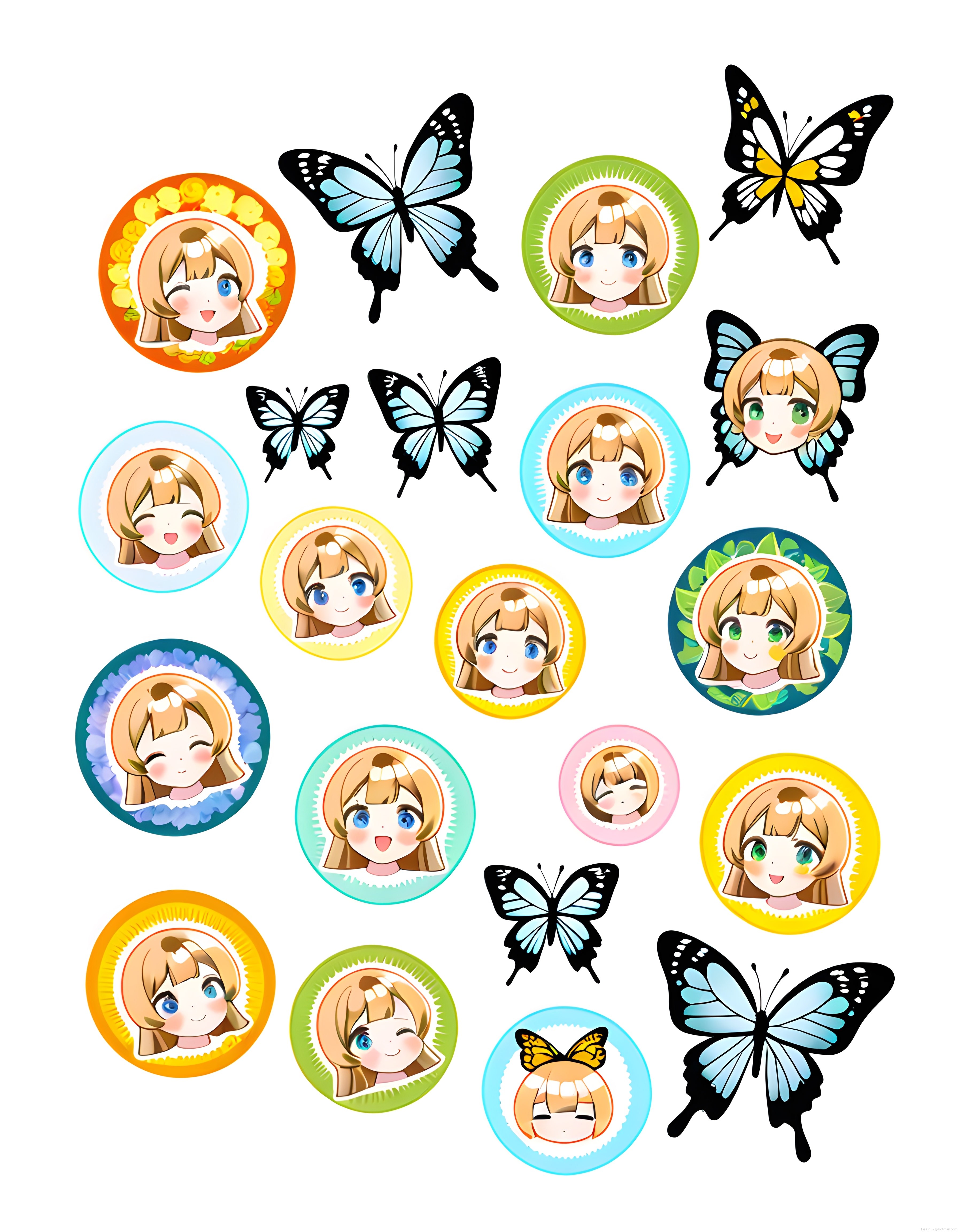 Sevimli Anime Kız İfadeleri ve Kelebekler: Renkli Dijital Sticker Koleksiyonu