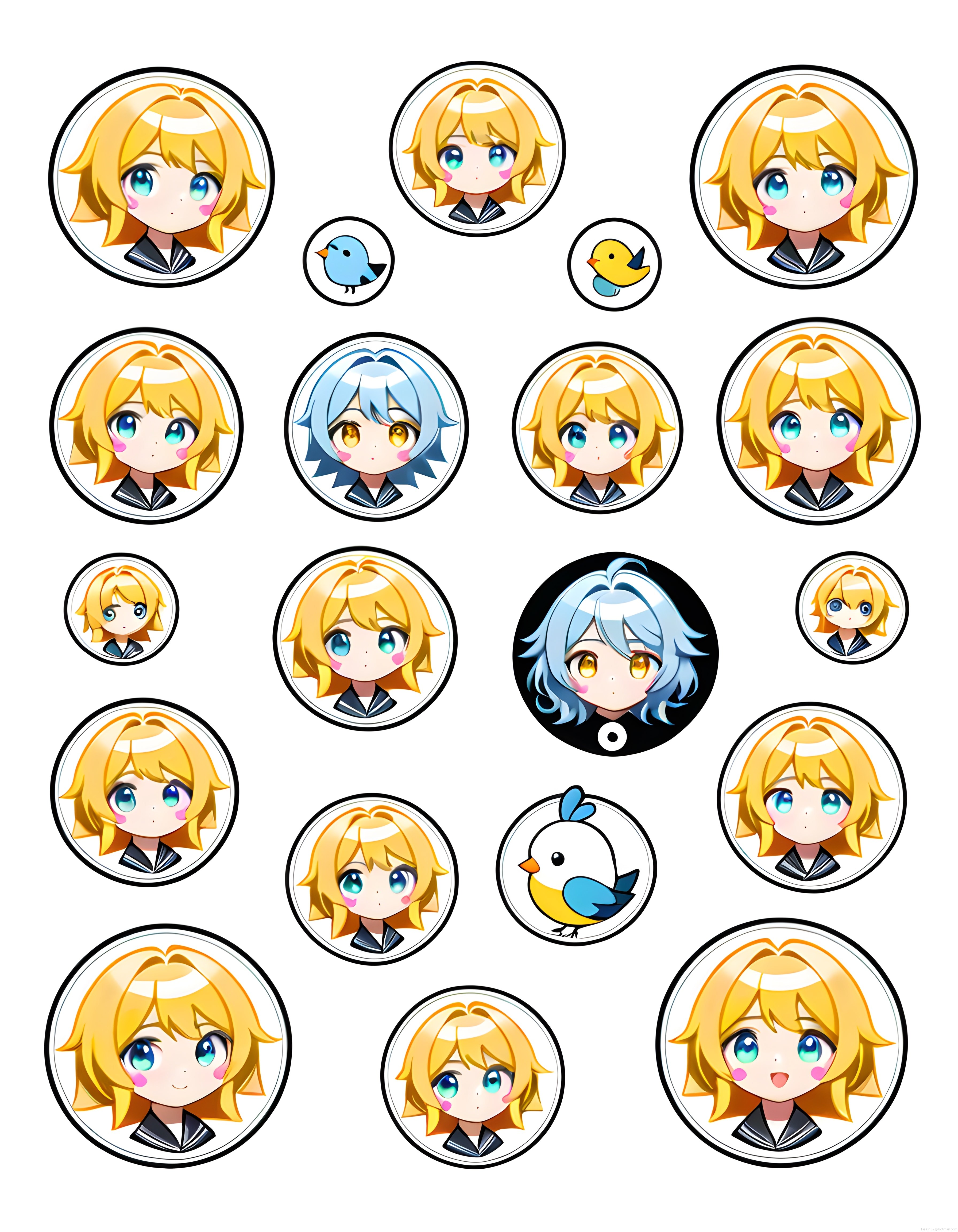 Sevimli anime kız karakterleri ve kuş figürleri içeren yuvarlak sticker seti