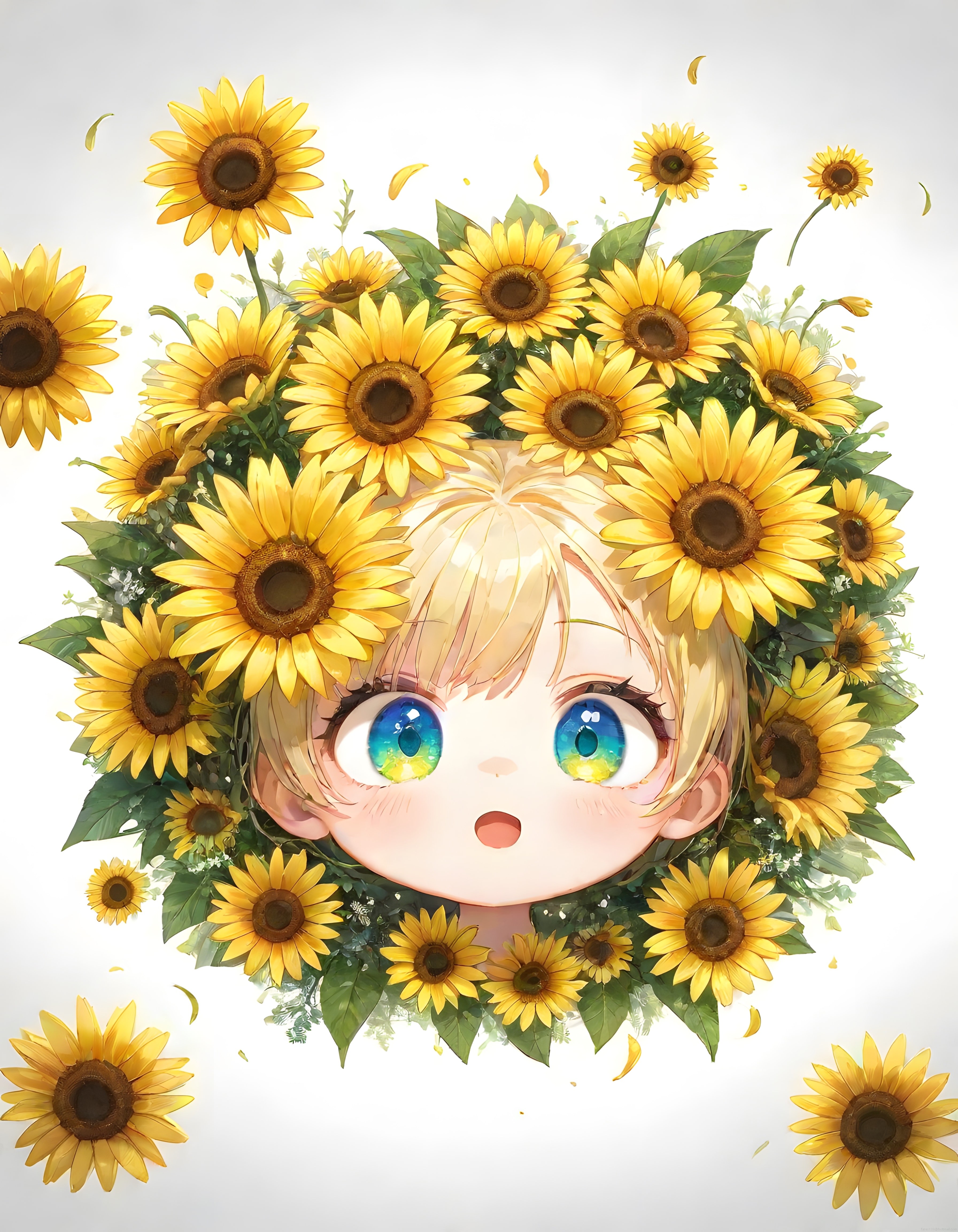 Sevimli Anime Kız ve Ayçiçekleri: Yaz Temalı Dijital Sanat Eseri