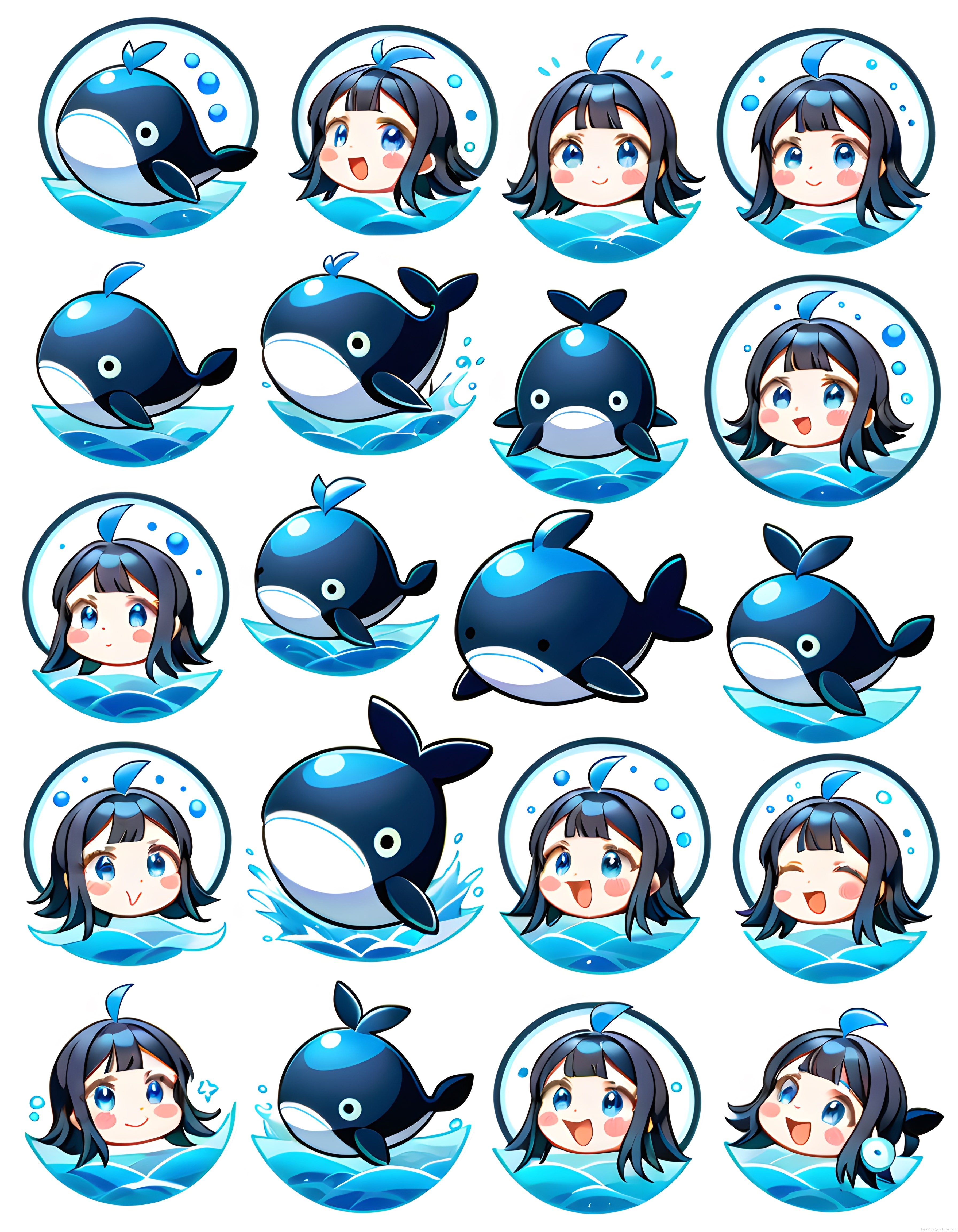 Sevimli Anime Kız ve Balina Karakterli Mavi Temalı Dijital Sticker Seti