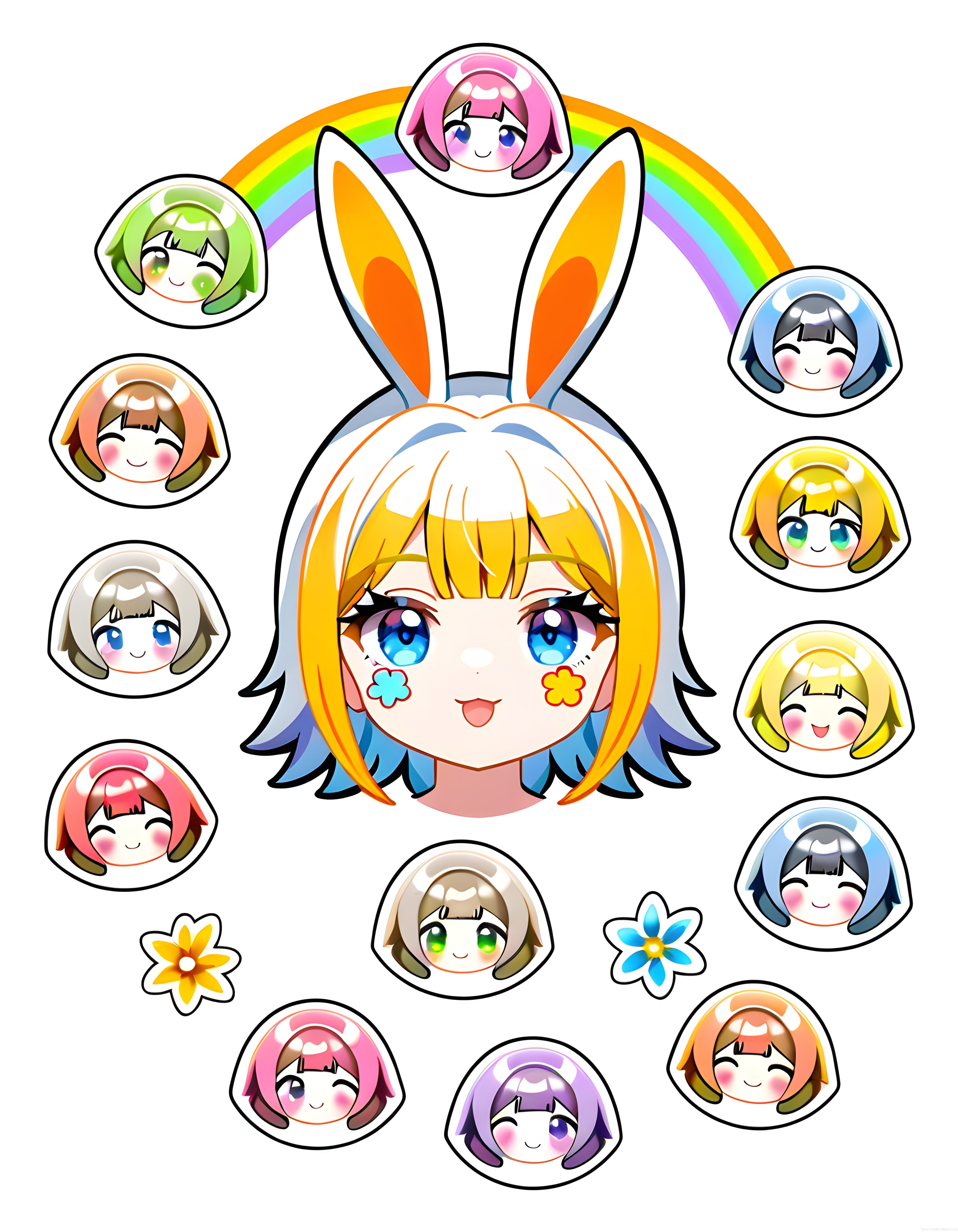 Sevimli Anime Kızı ve Gökkuşağı Temalı Renkli Chibi Karakter Sticker Seti