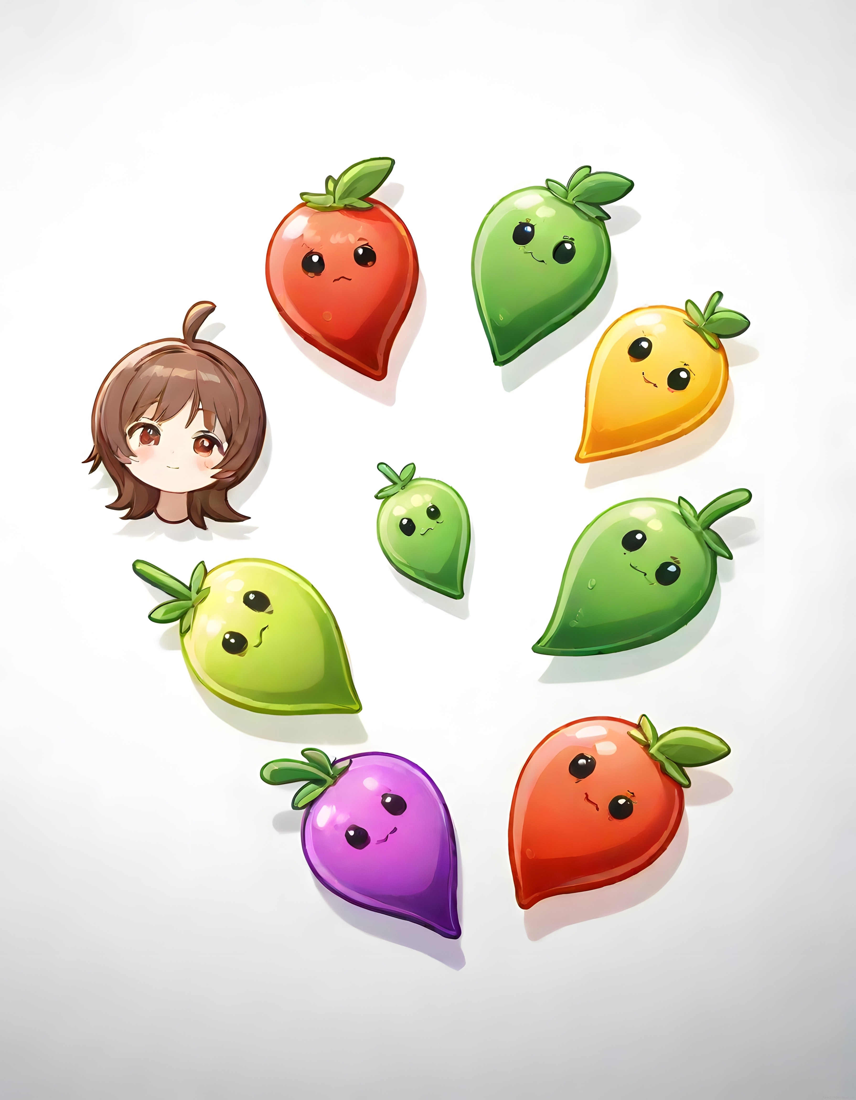 sevimli anime kızı ve kawaii damla maskotlarının renkli dijital sanat illüstrasyonu