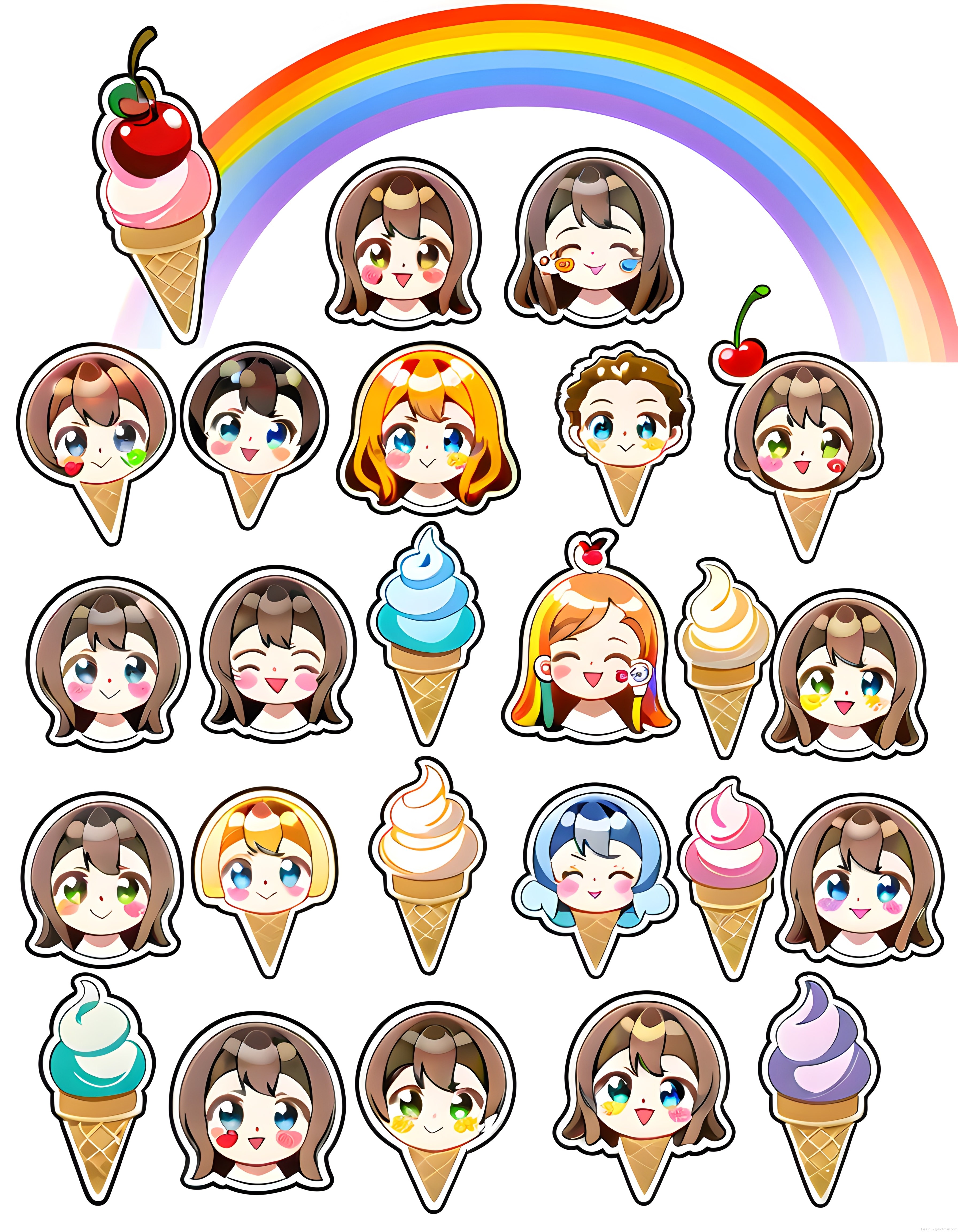 Sevimli anime kızları ve dondurmaların olduğu gökkuşaklı kawaii sticker seti