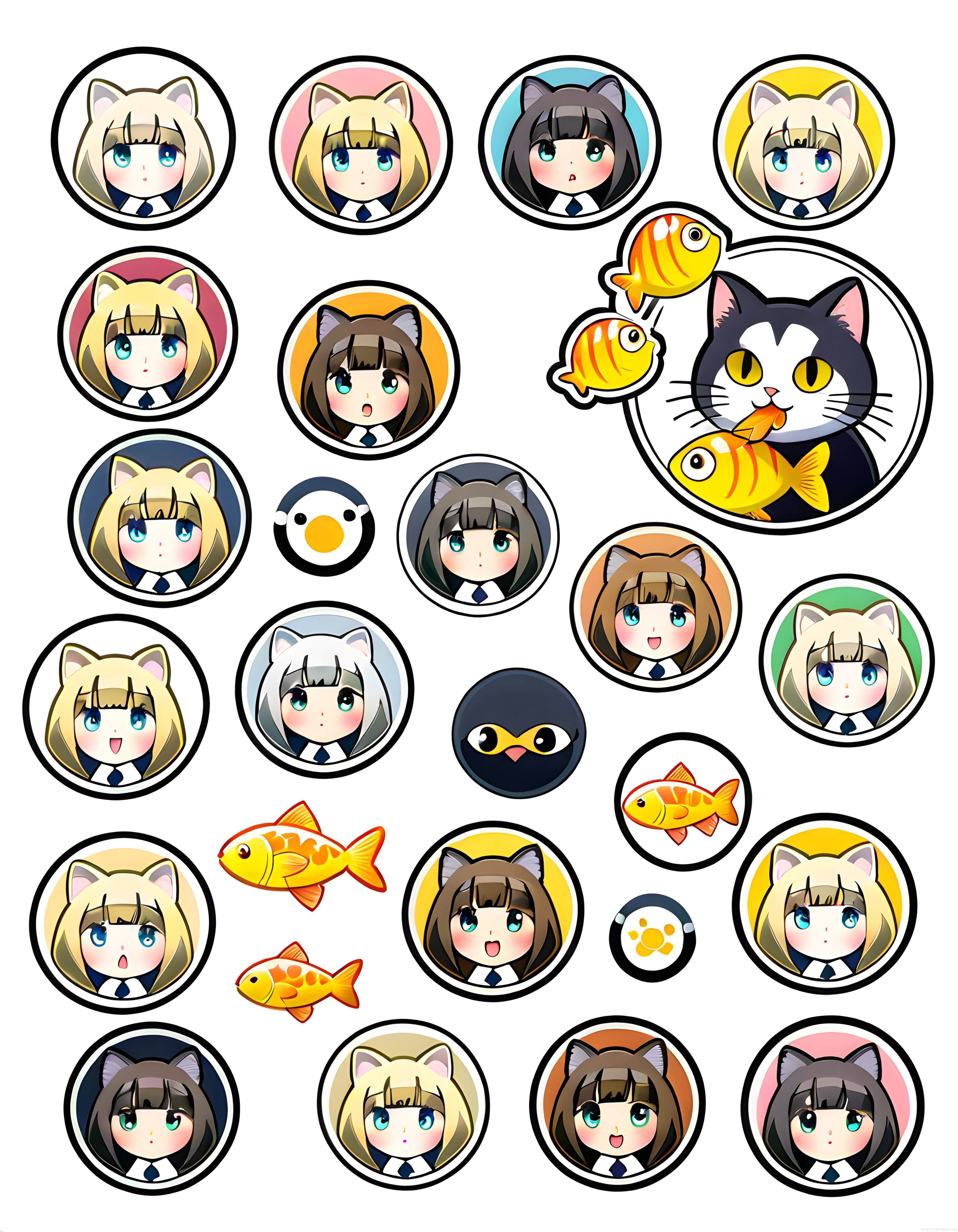 Sevimli Anime Kızları ve Kedilerden Oluşan Dijital Sticker Koleksiyonu