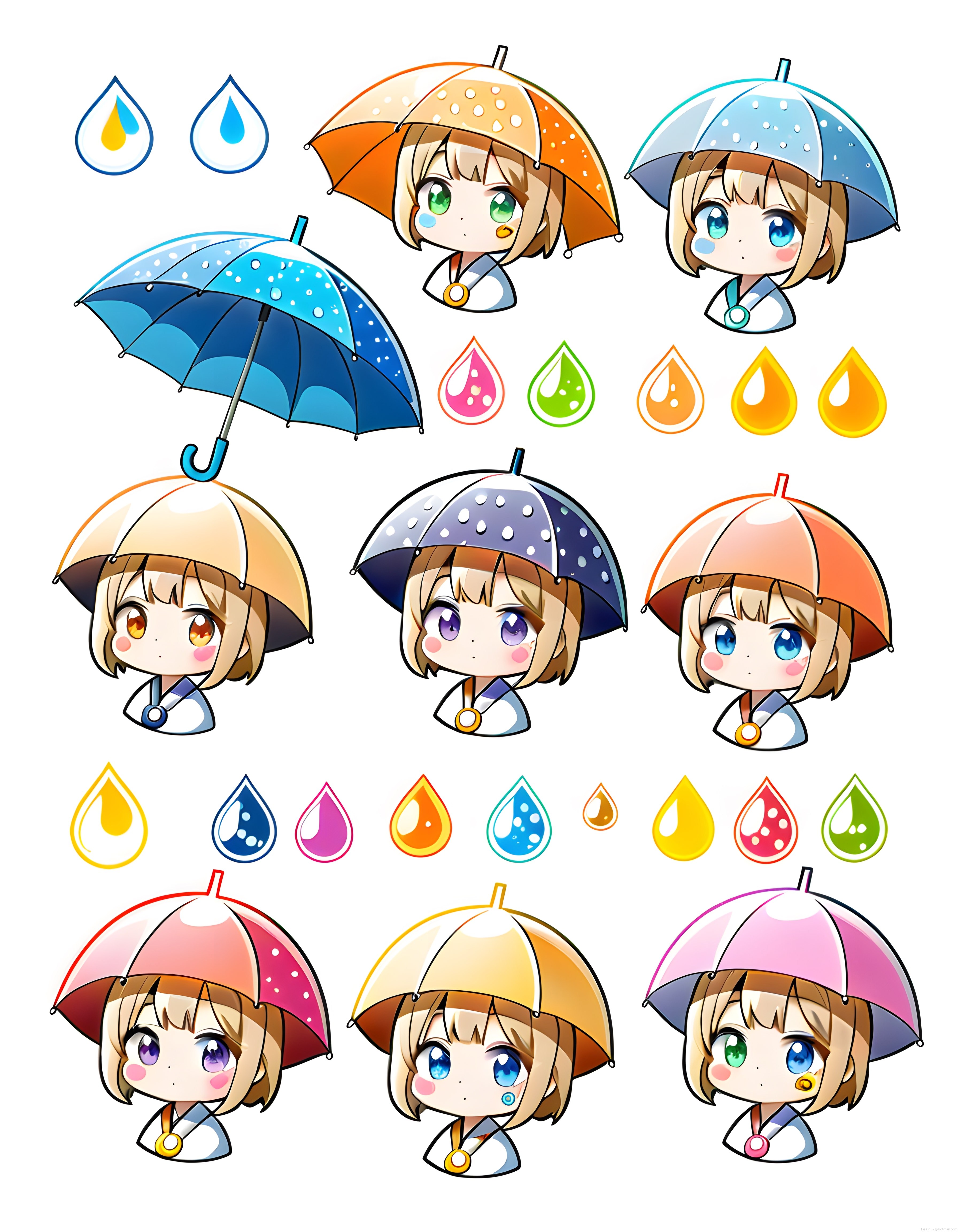 Sevimli Anime Kızları ve Renkli Şemsiyelerden Oluşan Kawaii Dijital Çıkartma Seti