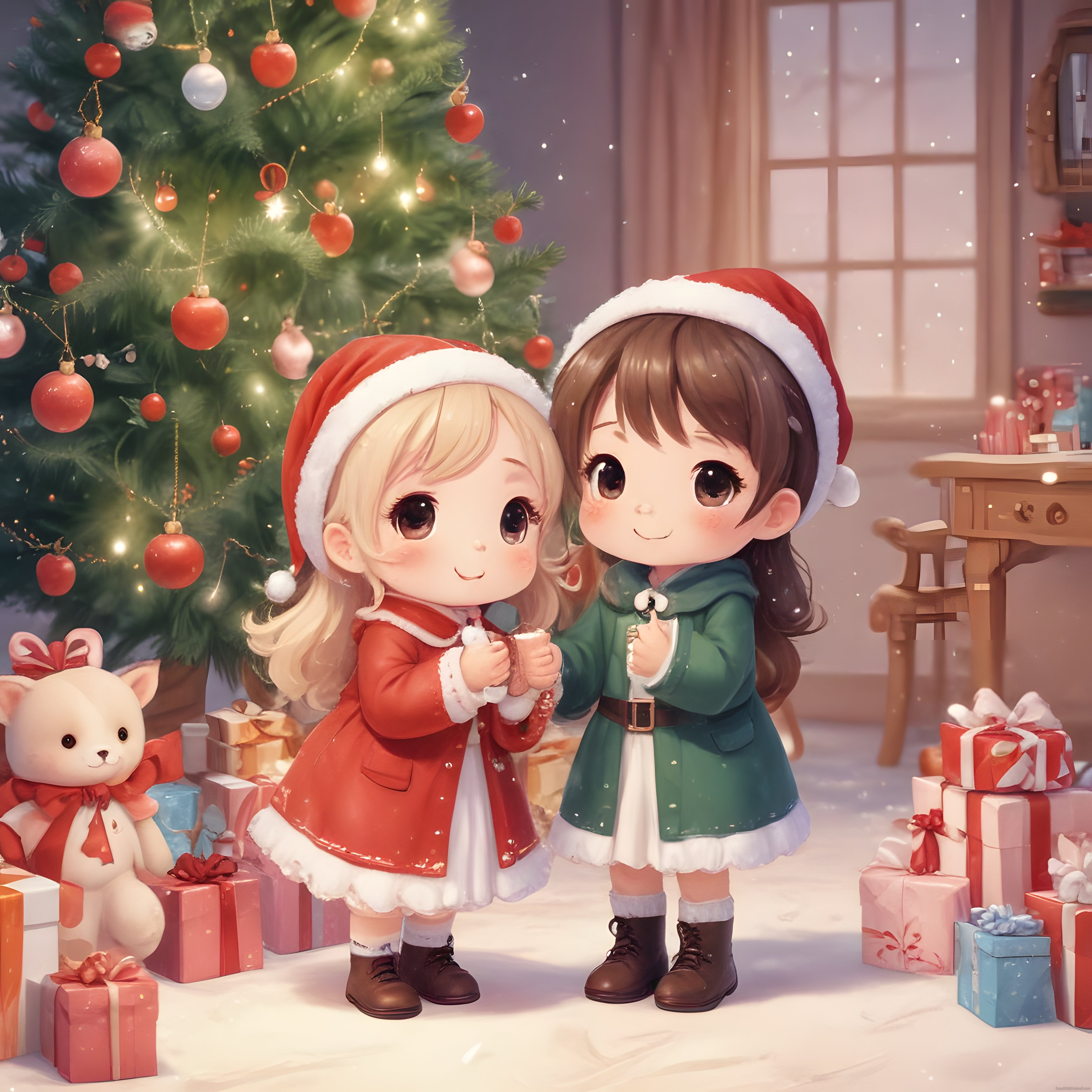 sevimli anime kızların sıcacık noel kutlaması ve hediye dolu kış atmosferi
