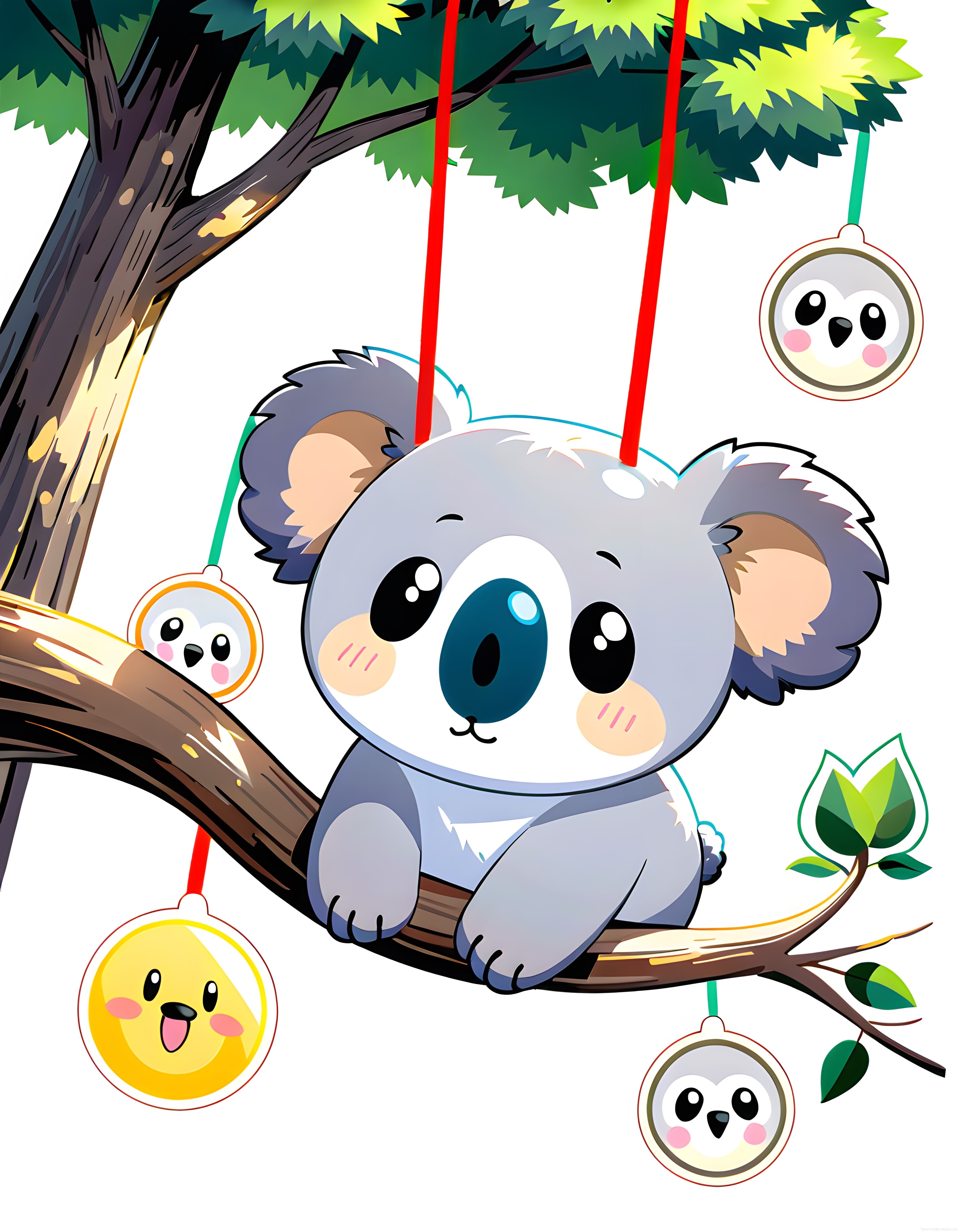 Sevimli Anime Koala Ve Yılbaşı Süsleriyle Dolu Neşeli Ağaç Dalı