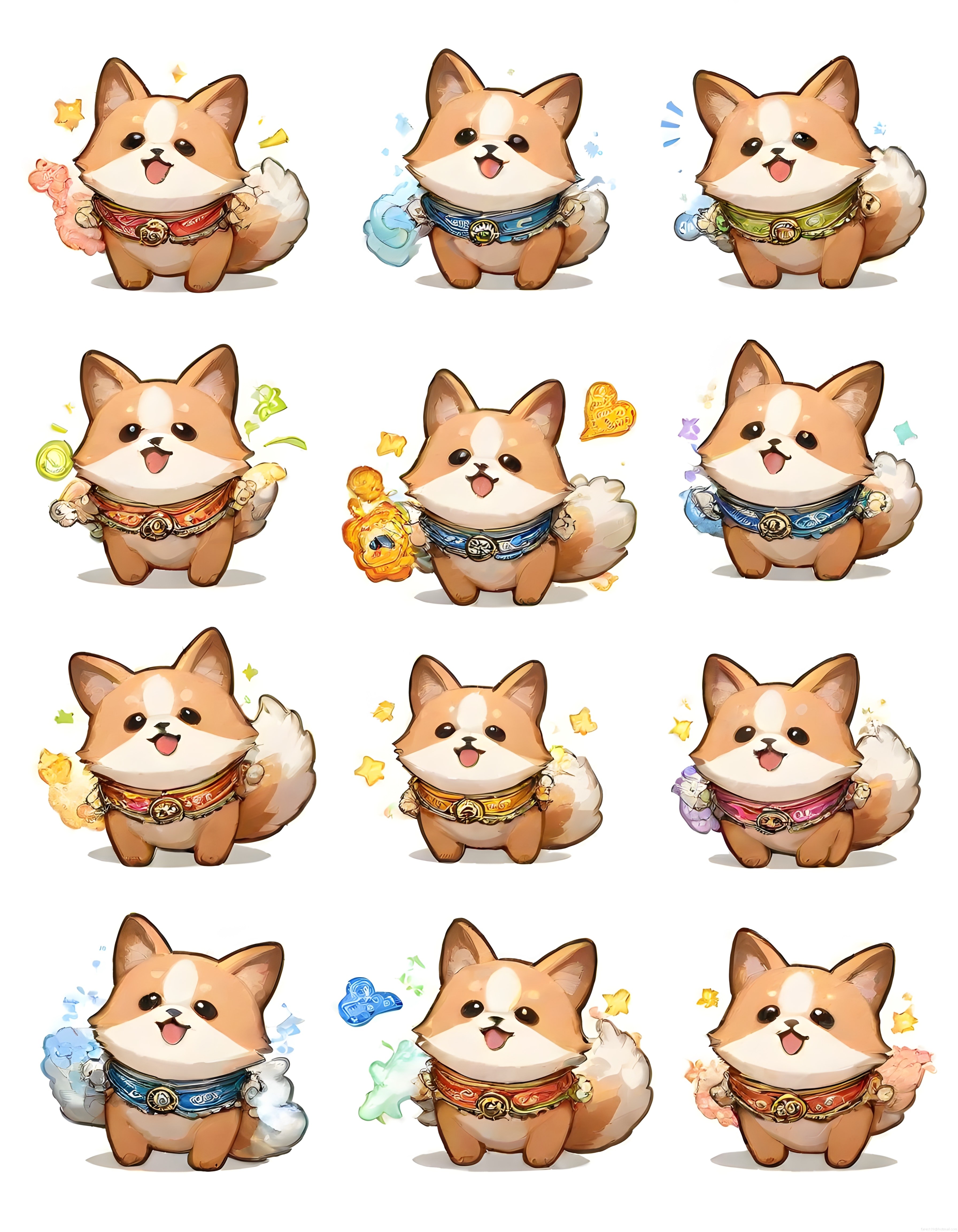 Sevimli Anime Köpek Karakterleri: Renkli Tasmalı Chibi Corgi Çizim Seti