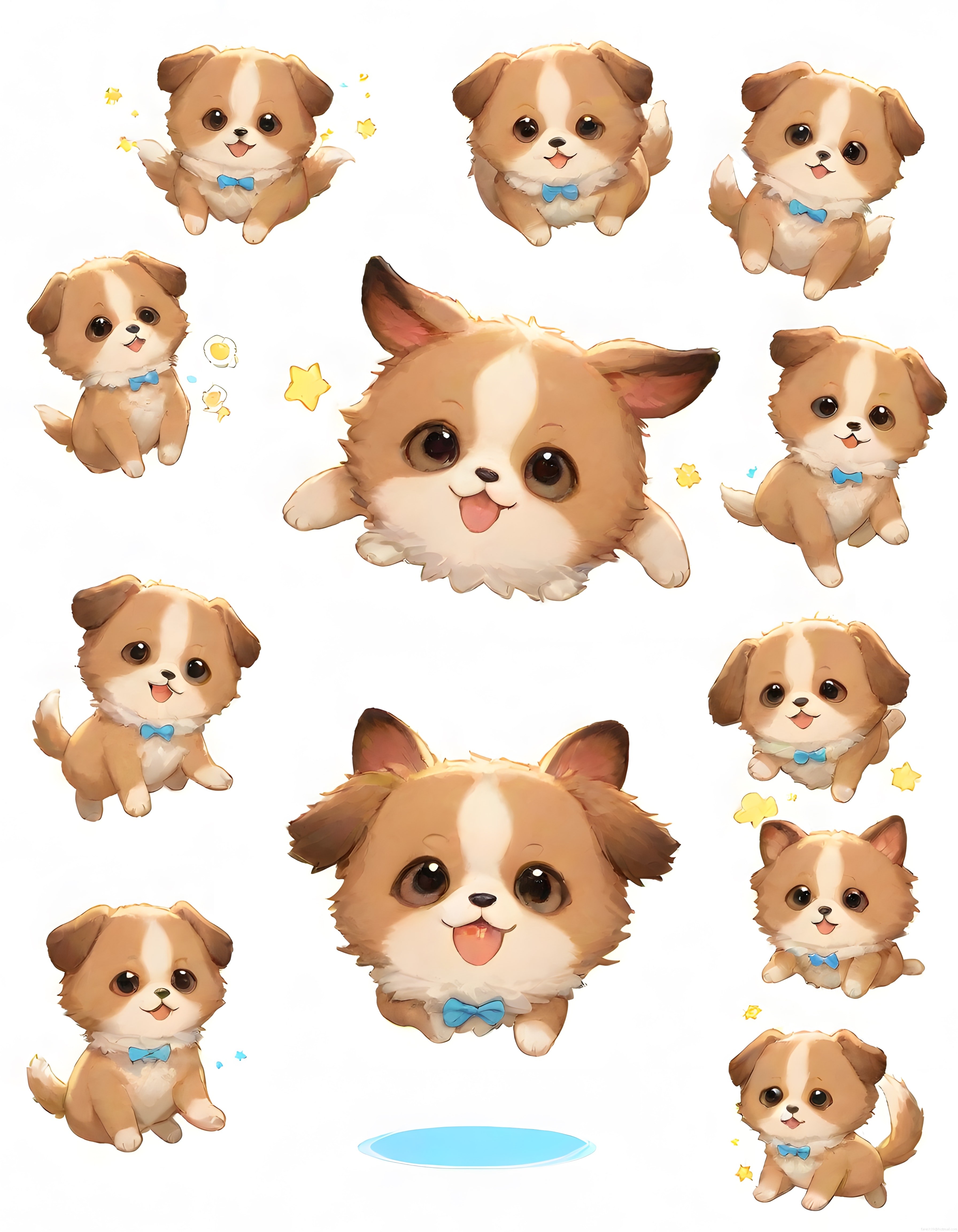 Sevimli Anime Köpek Yavruları Sticker Seti: Mavi Papyonlu Şirin Çizimler