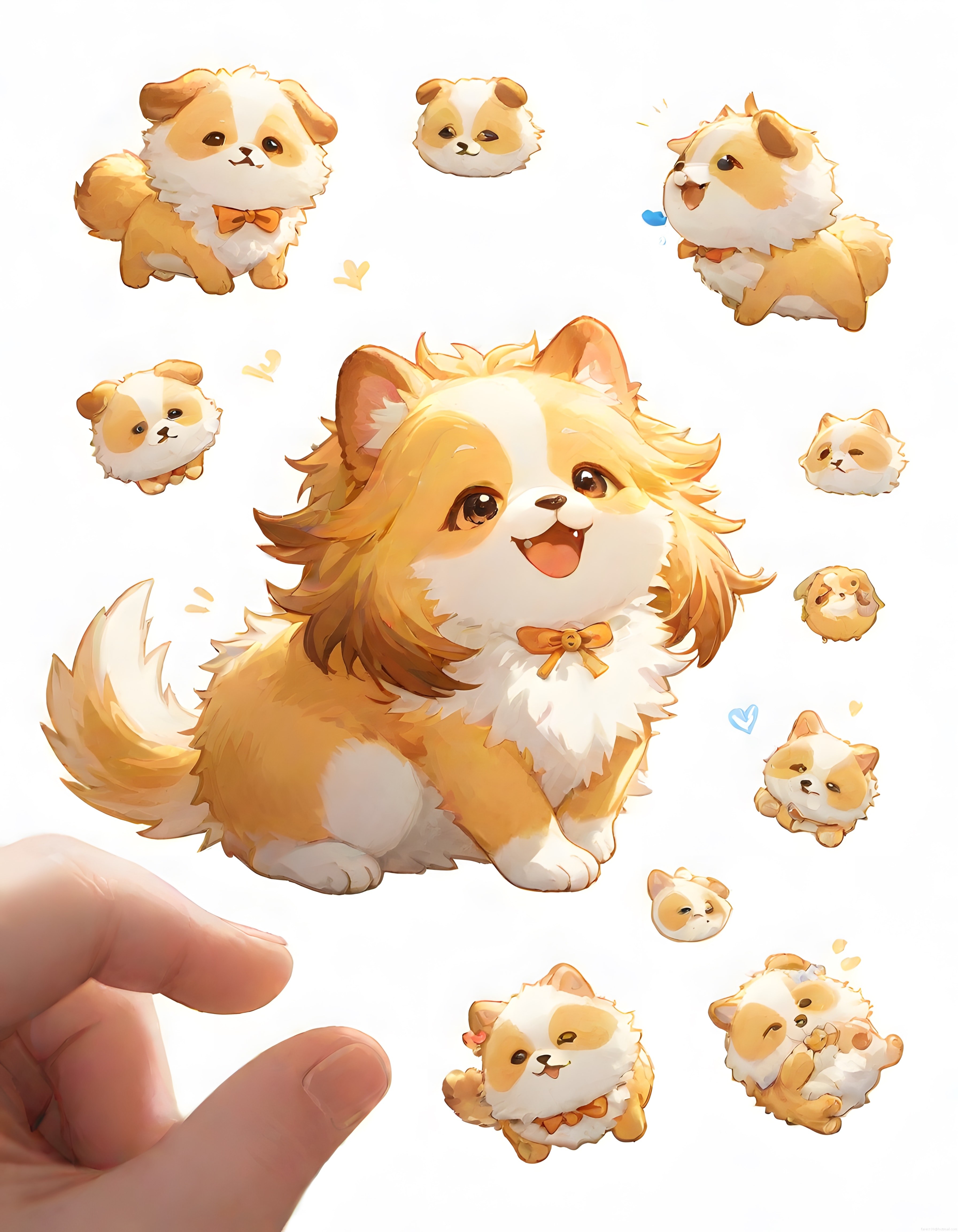 Sevimli anime köpek yavrusu ve farklı pozlardan oluşan dijital sticker seti
