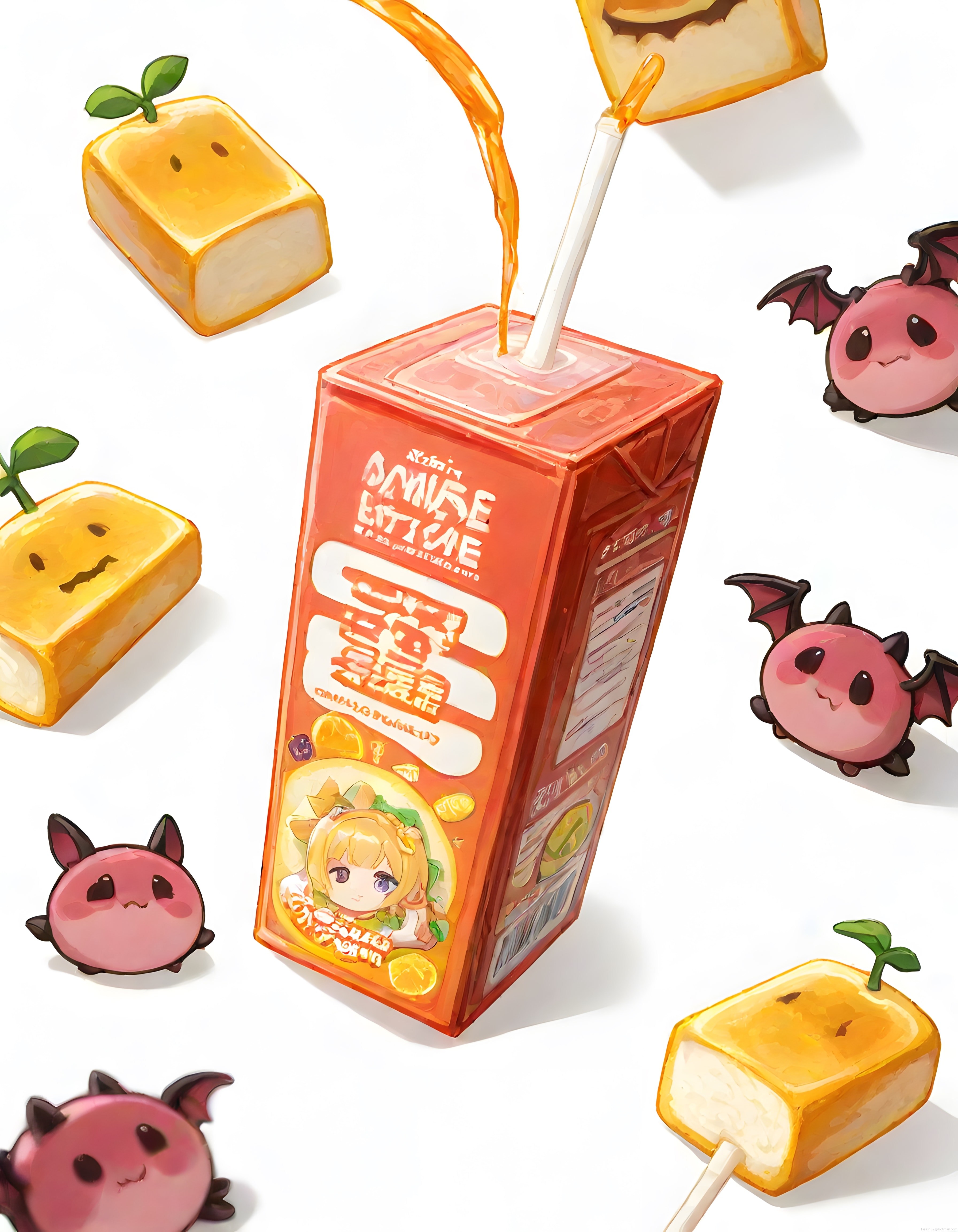 Sevimli Anime Meyve Suyu Kutusu ve Fantastik Yaratıklar Dijital İllüstrasyon