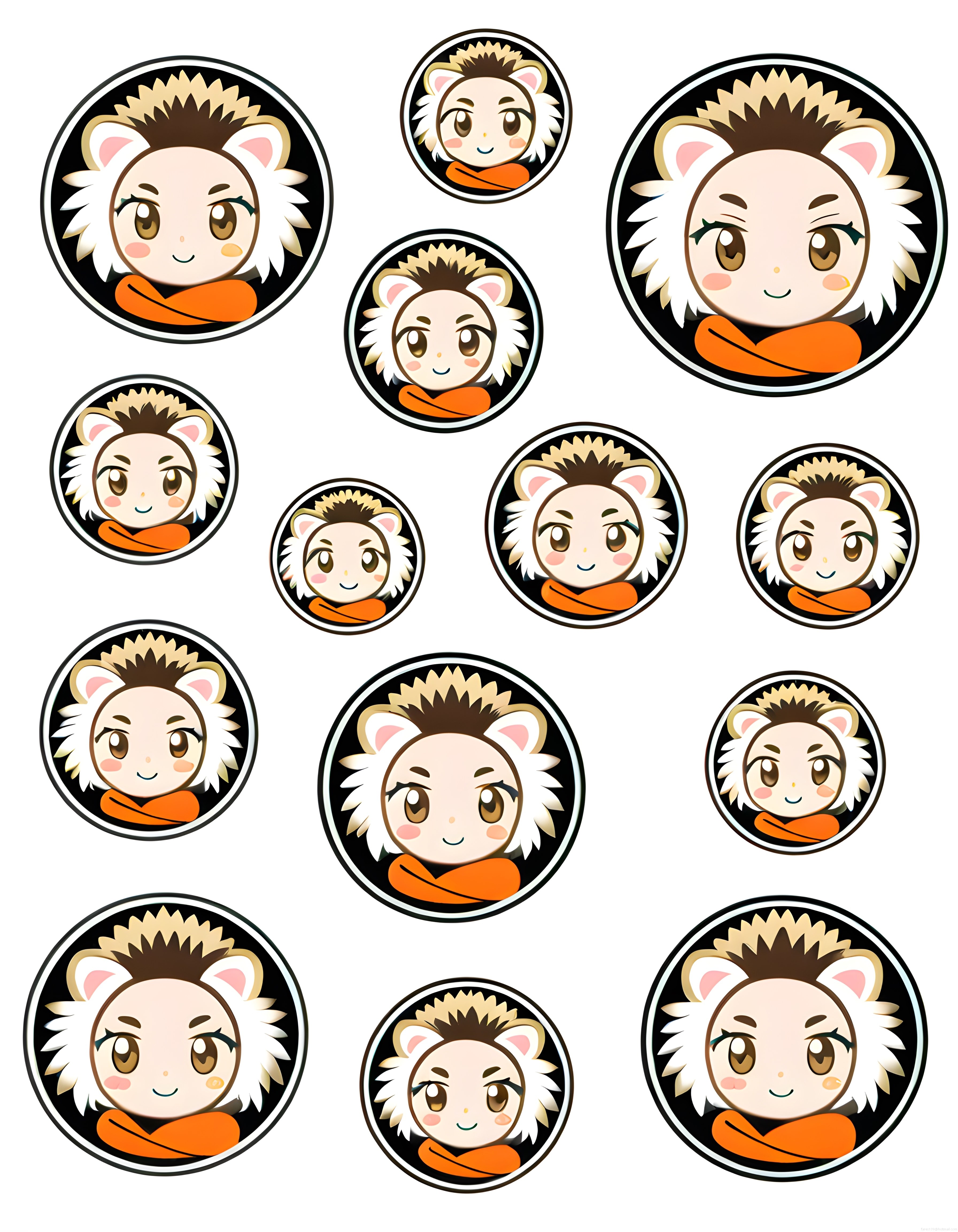 Sevimli anime tarzı aslan kostümlü chibi karakter avatarları ve çıkartmaları