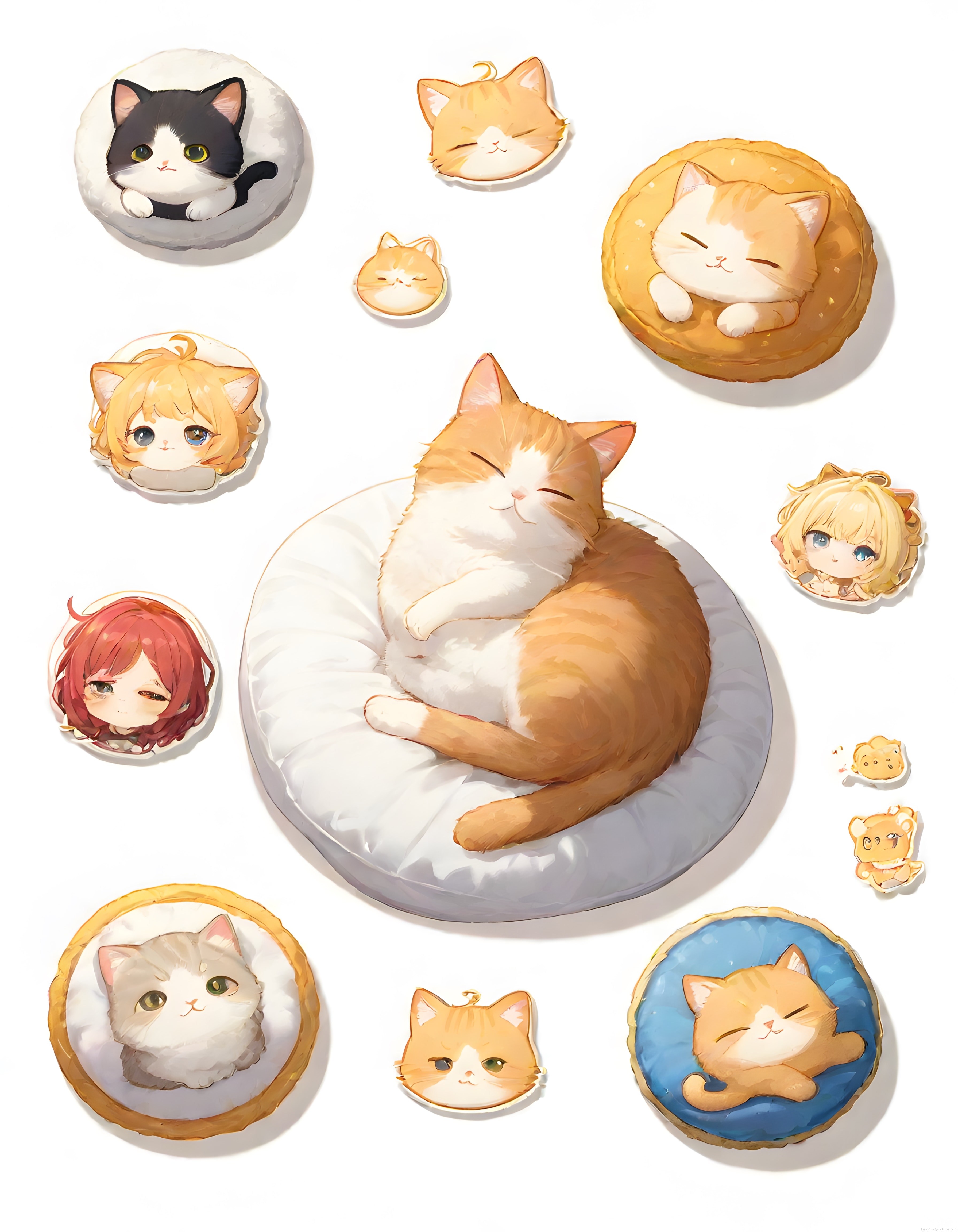Sevimli anime tarzı kedi ve chibi karakter çıkartma koleksiyonu illüstrasyon