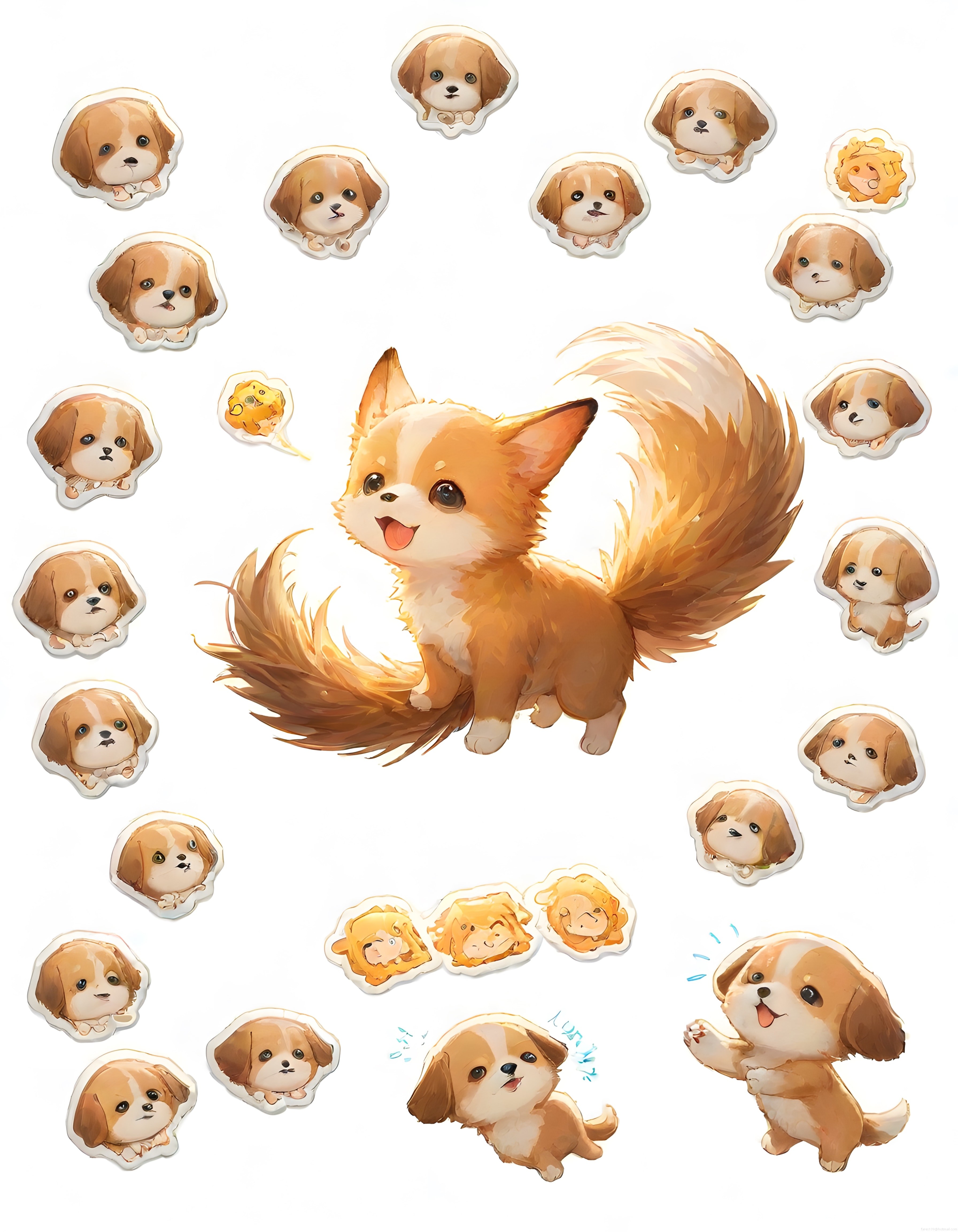 Sevimli Anime Tarzı Köpek Yavruları ve Üç Kuyruklu Tilki Sticker Seti