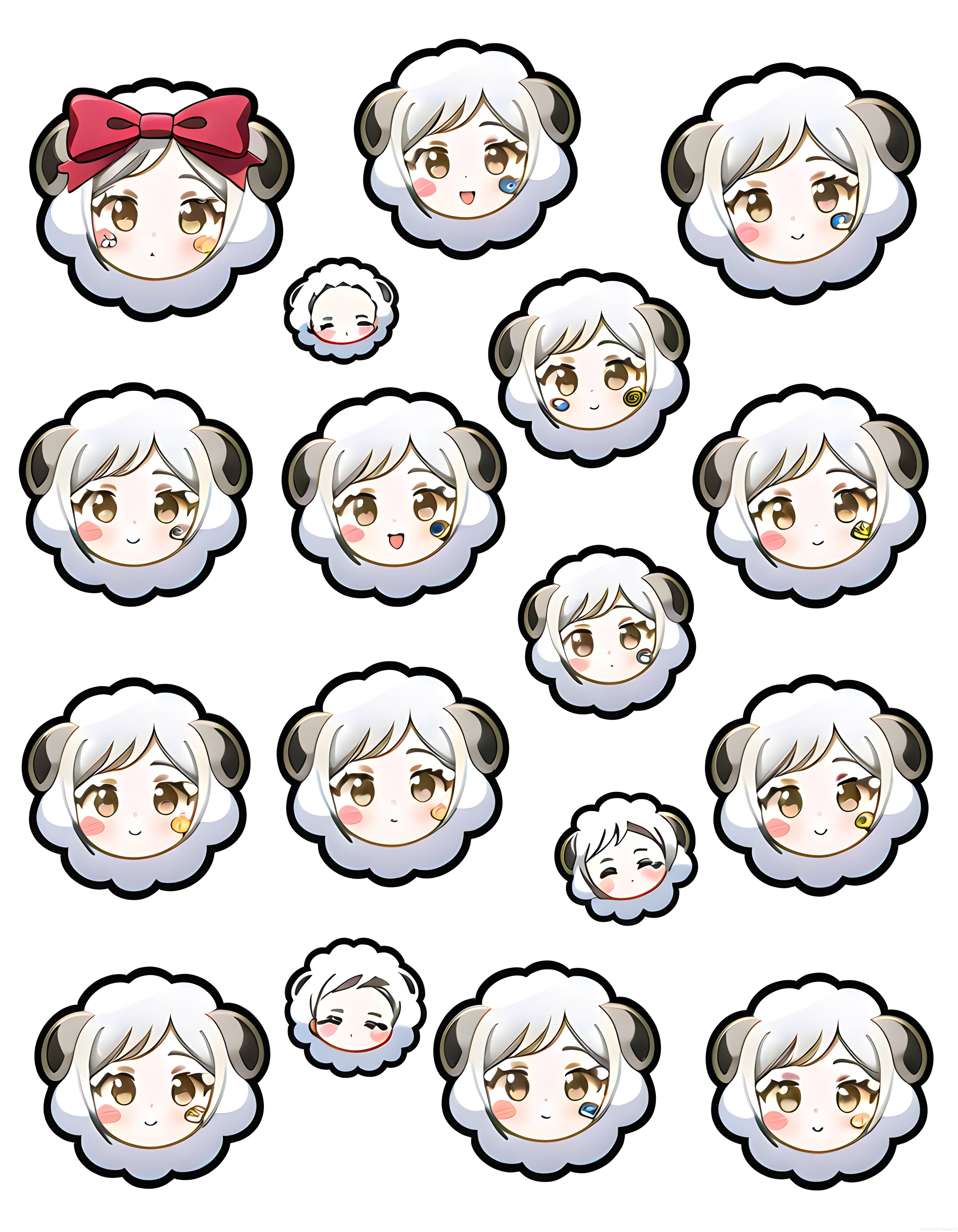 Sevimli Anime Tarzı Koyun Yüzleri ve Duygu İfadeli Sticker Koleksiyonu