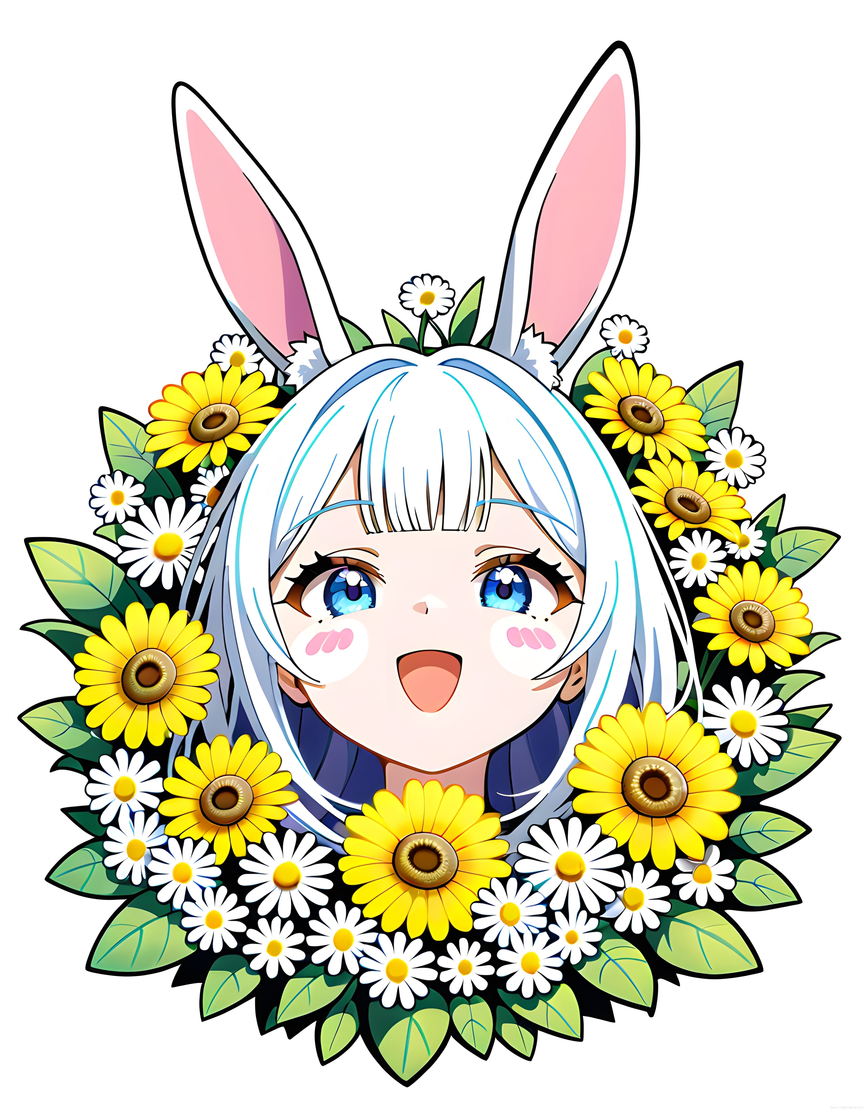 Sevimli Anime Tavşan Kız Karakteri ve Renkli Papatya Çiçek Çerçevesi