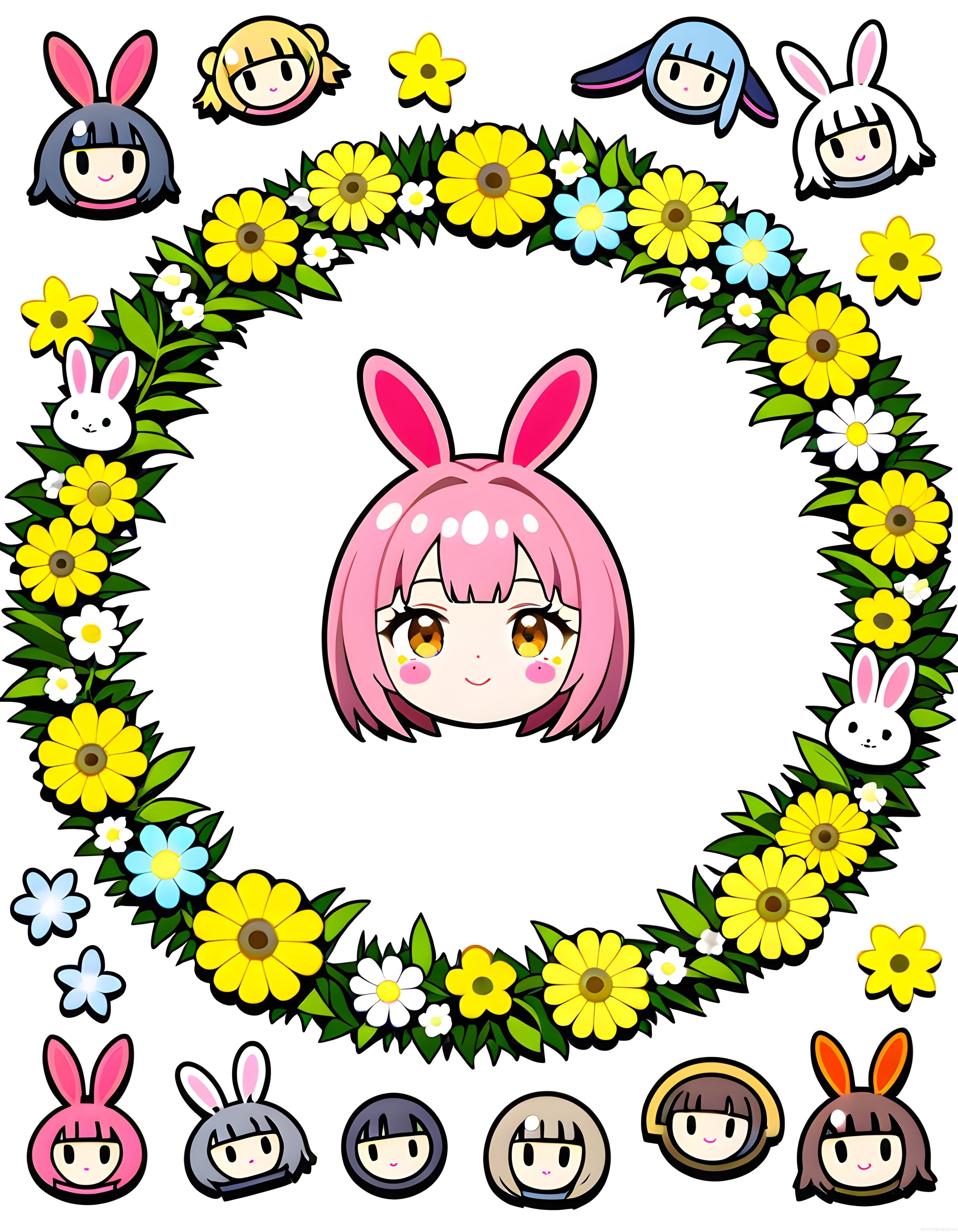 Sevimli anime tavşan kızları ve çiçek çelengi dekoratif çerçeve seti
