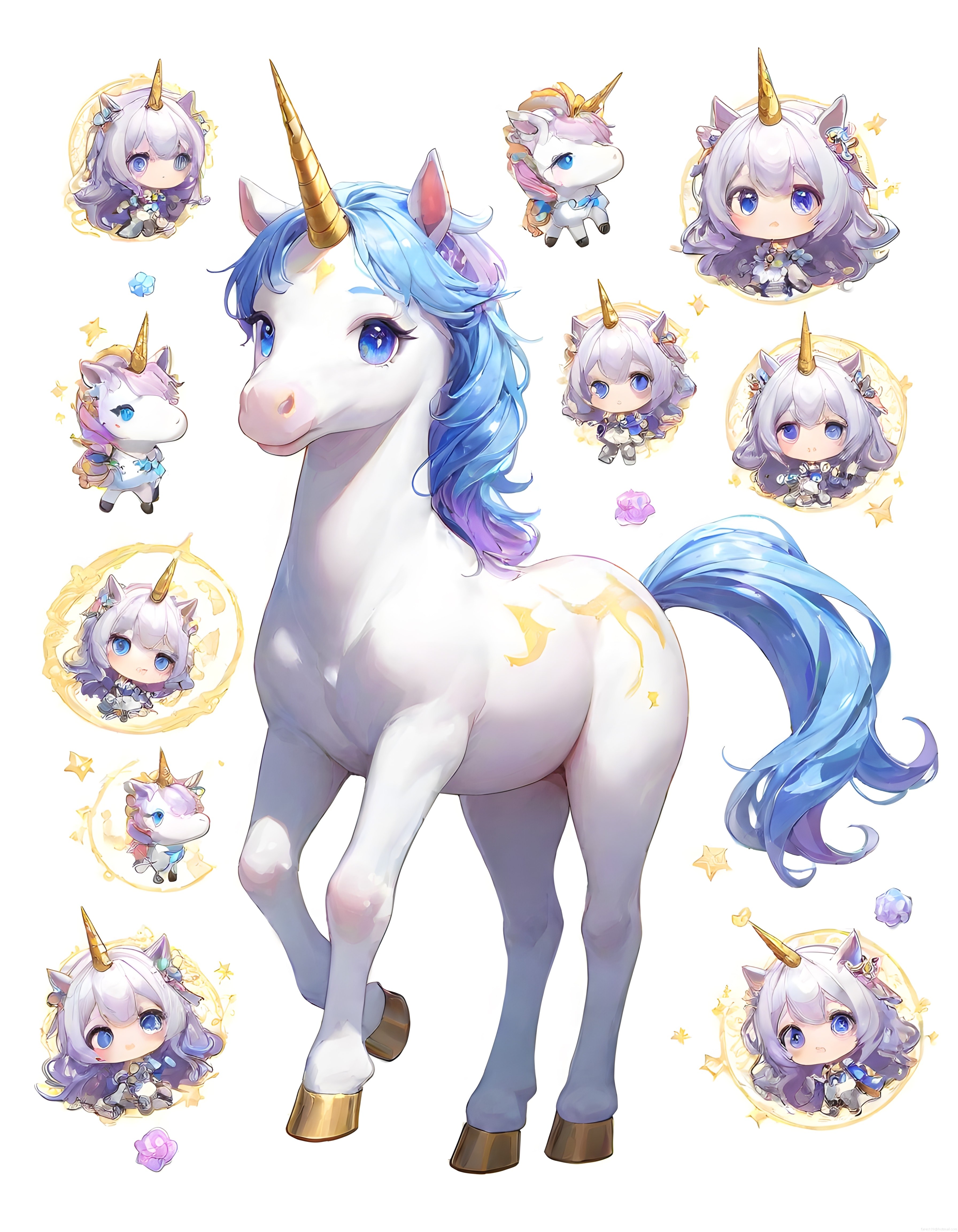 Sevimli Anime Unicorn ve Chibi Kız Karakterlerle Büyülü Dijital Sanat Koleksiyonu