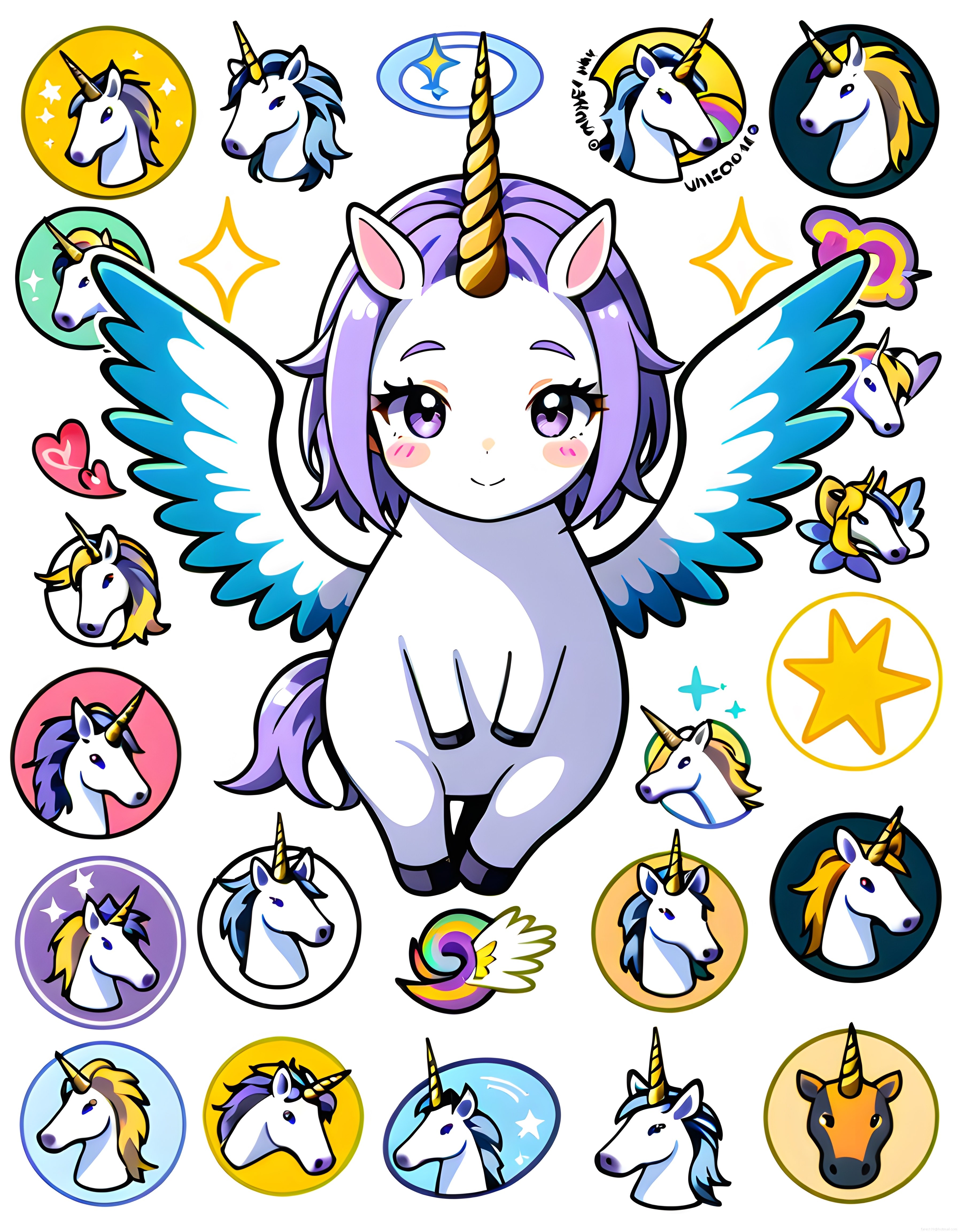 Sevimli Anime Unicorn ve Tek Boynuzlu At Sticker Dijital Çizim Koleksiyonu