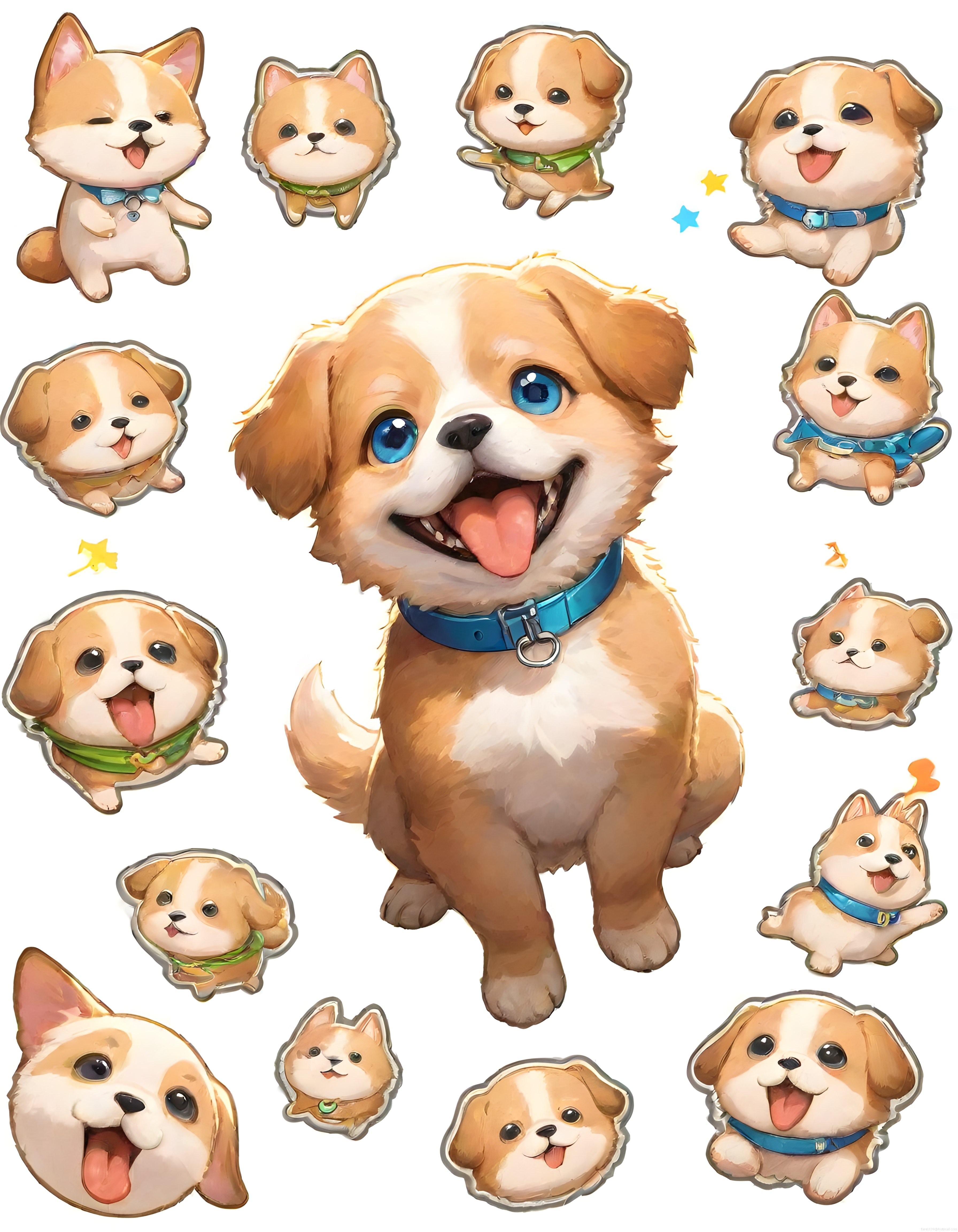 Sevimli anime yavru köpek çıkartma seti, parlak gözlü suluboya koleksiyon