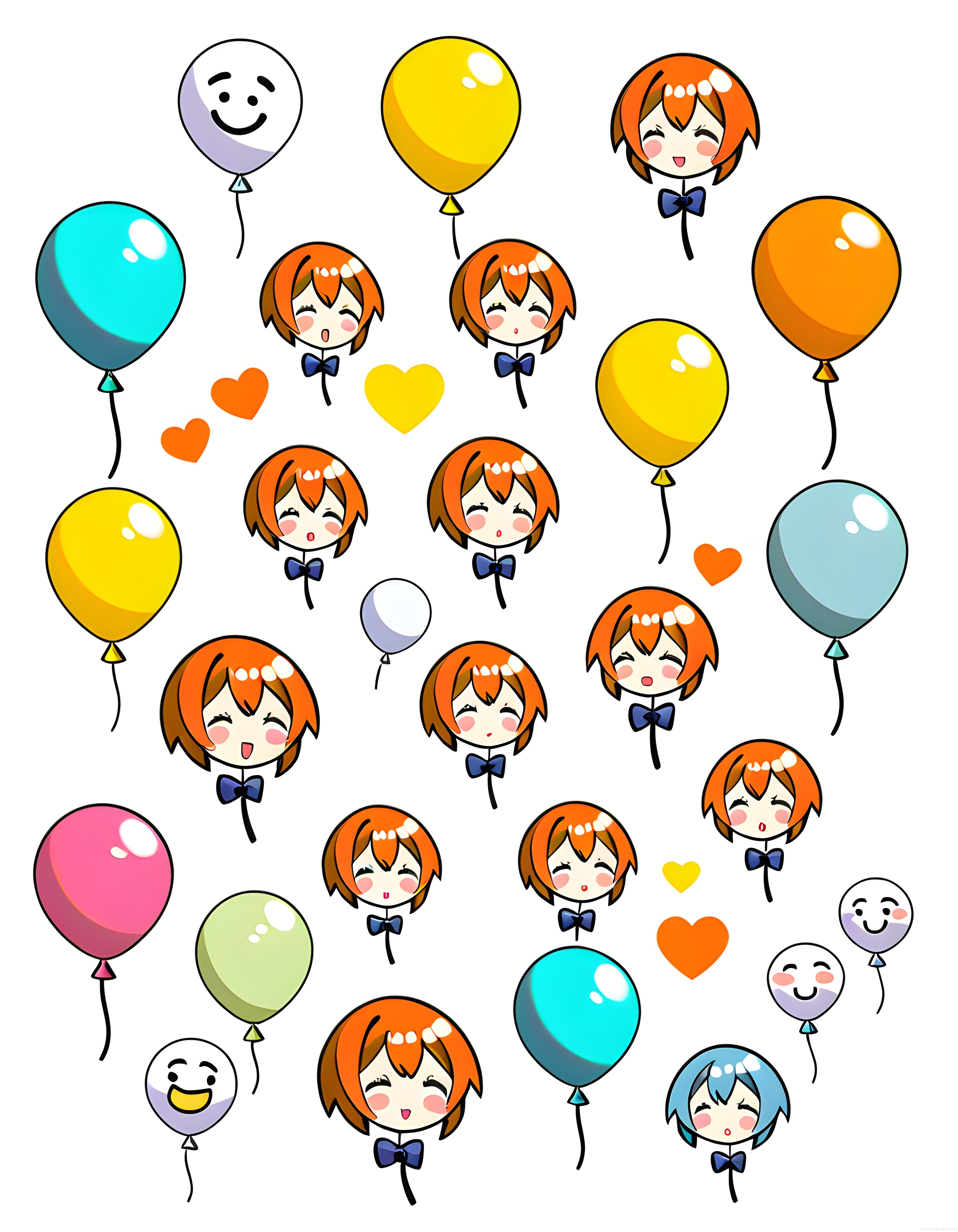 Sevimli Anime Yüz Balonları ve Renkli Parti Süsleriyle Kawaii Kutlama Deseni