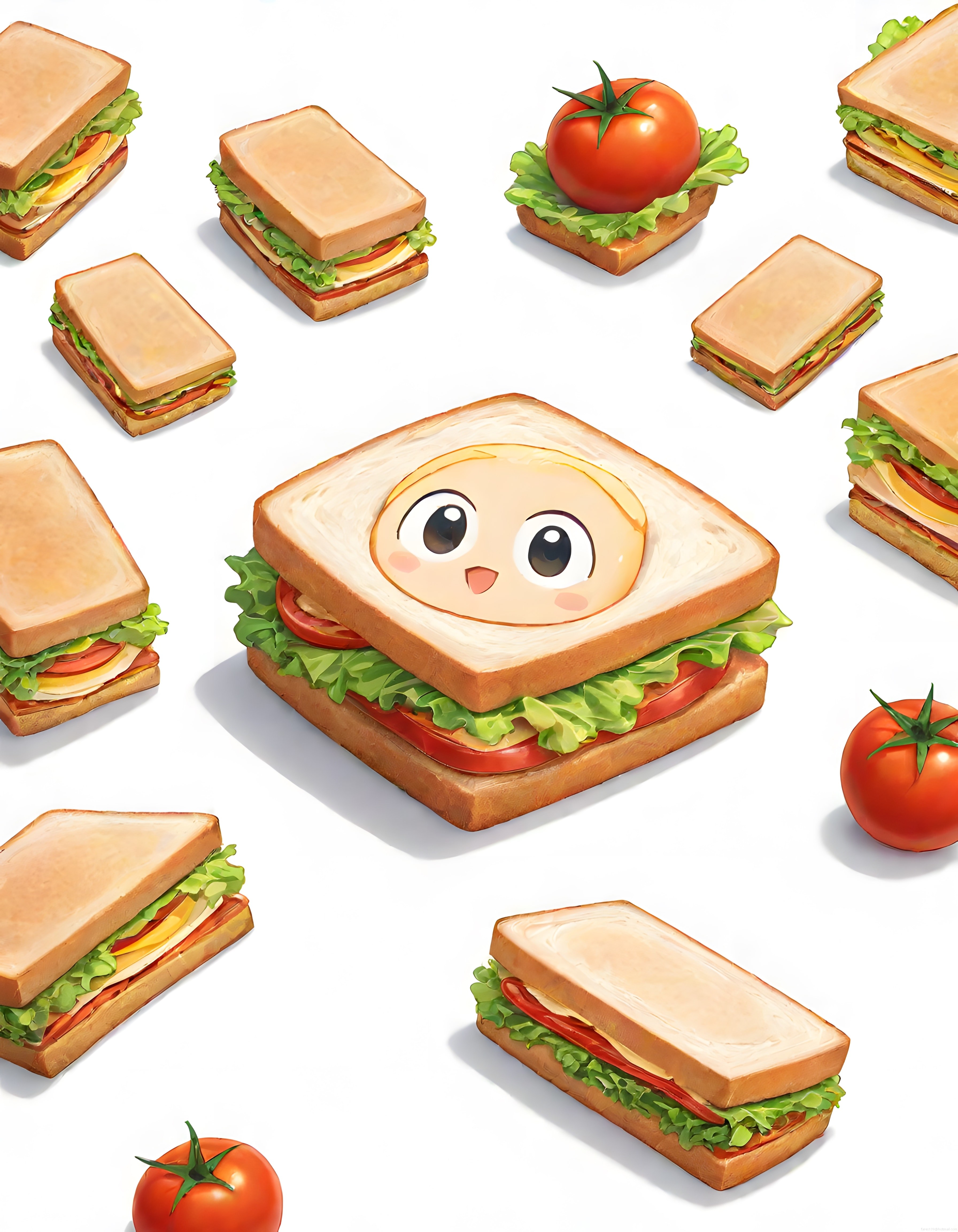 Sevimli anime yüzlü kawaii sandviç karakteri ve etrafındaki tost illüstrasyonu